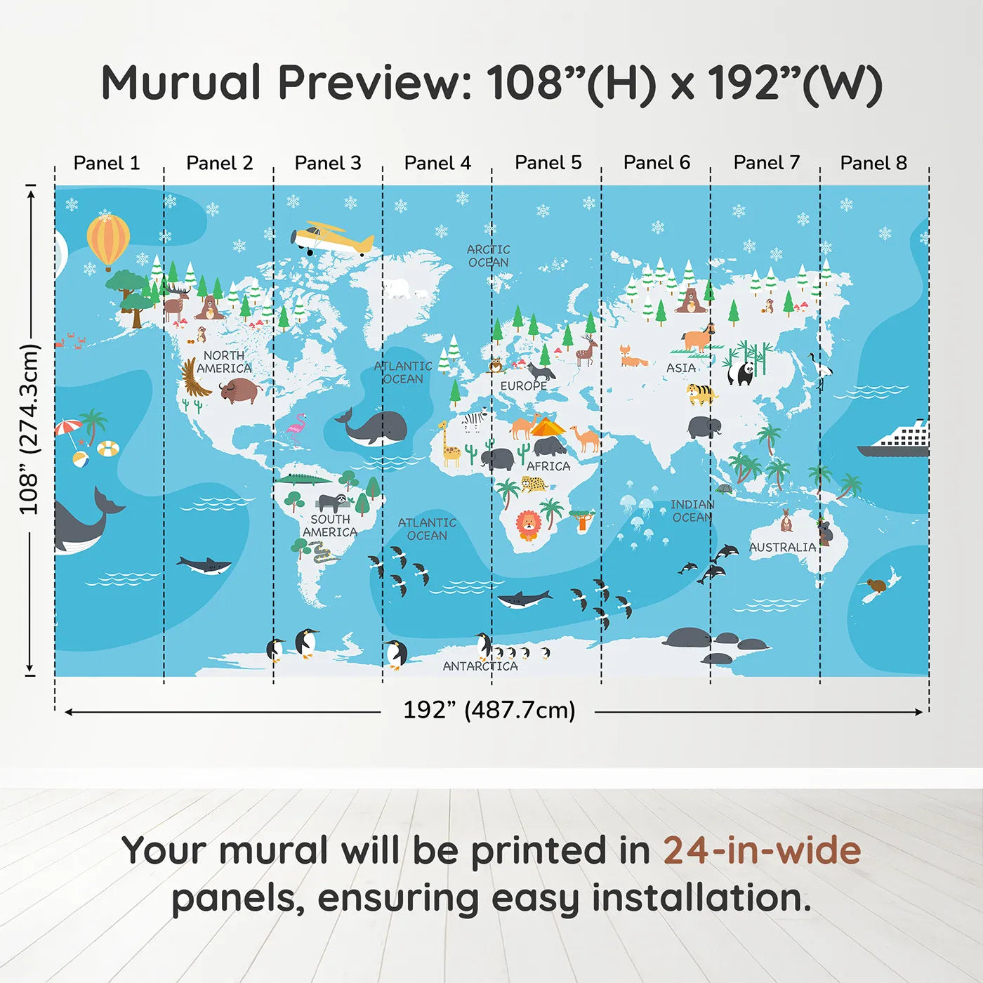 Whimsy Tots Winter World Map Adventure Wall Muraldimension view (108" H x 192" W). Printed in eight 24-inch-wide panels. Gender-Neutral