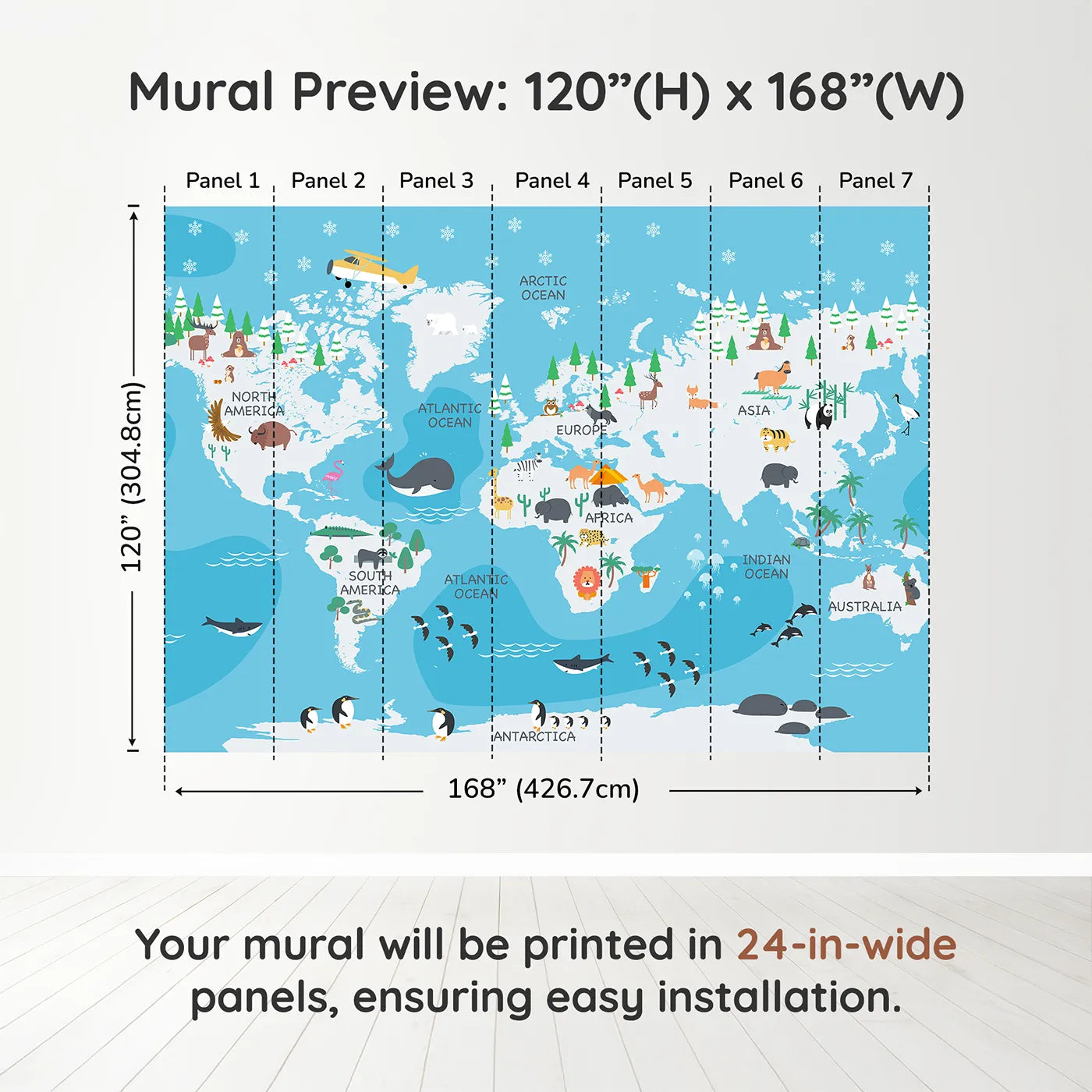 Whimsy Tots Winter World Map Adventure Wall Muraldimension view (120" H x 168" W). Printed in seven 24-inch-wide panels. Gender-Neutral