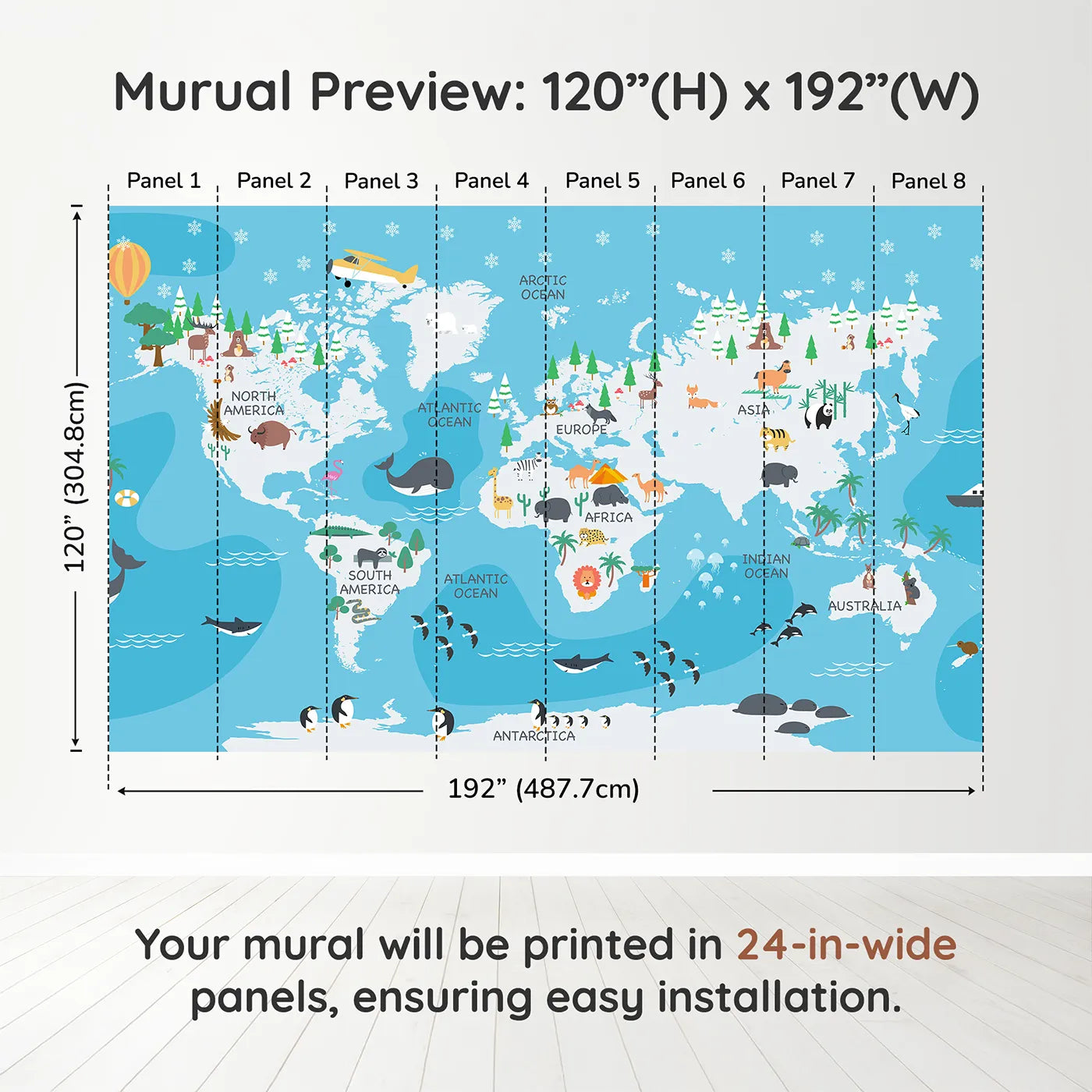 Whimsy Tots Winter World Map Adventure Wall Muraldimension view (120" H x 192" W). Printed in eight 24-inch-wide panels. Gender-Neutral