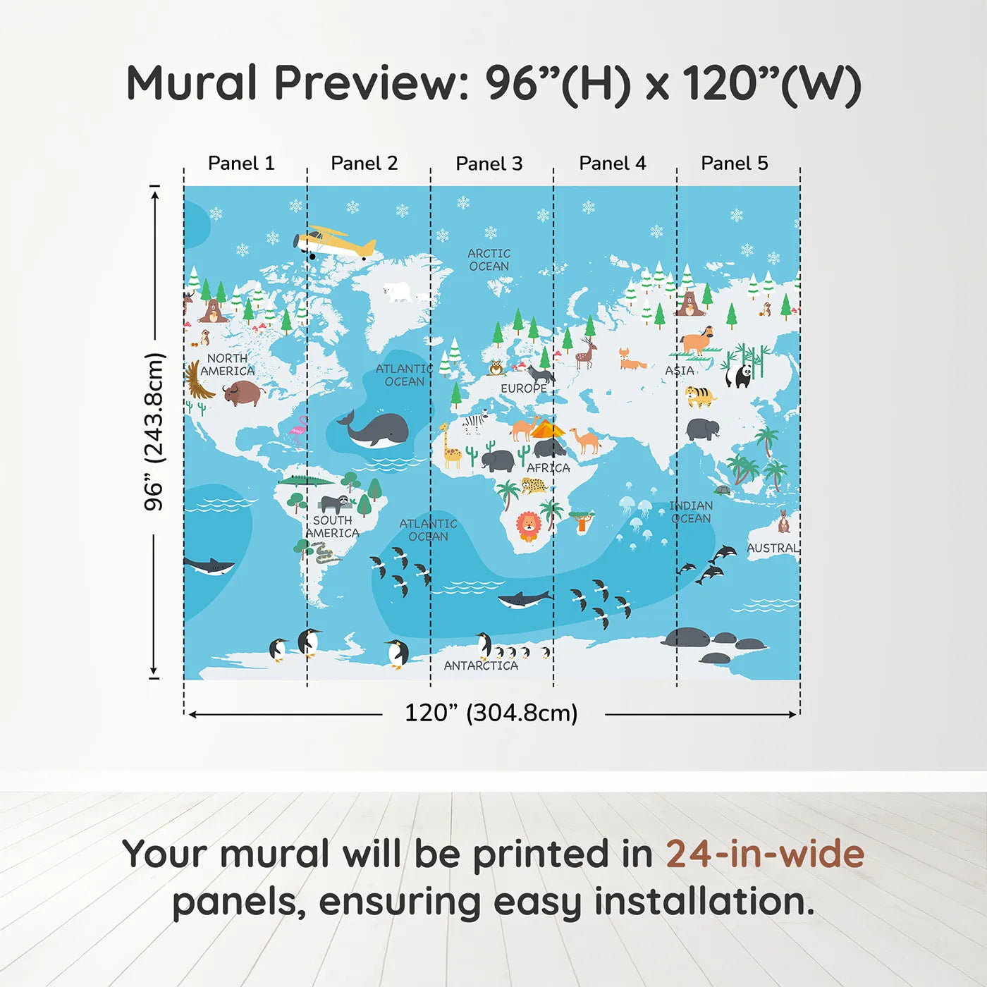 Whimsy Tots Winter World Map Adventure Wall Muraldimension view (96" H x 120" W). Printed in five 24-inch-wide panels. Gender-Neutral