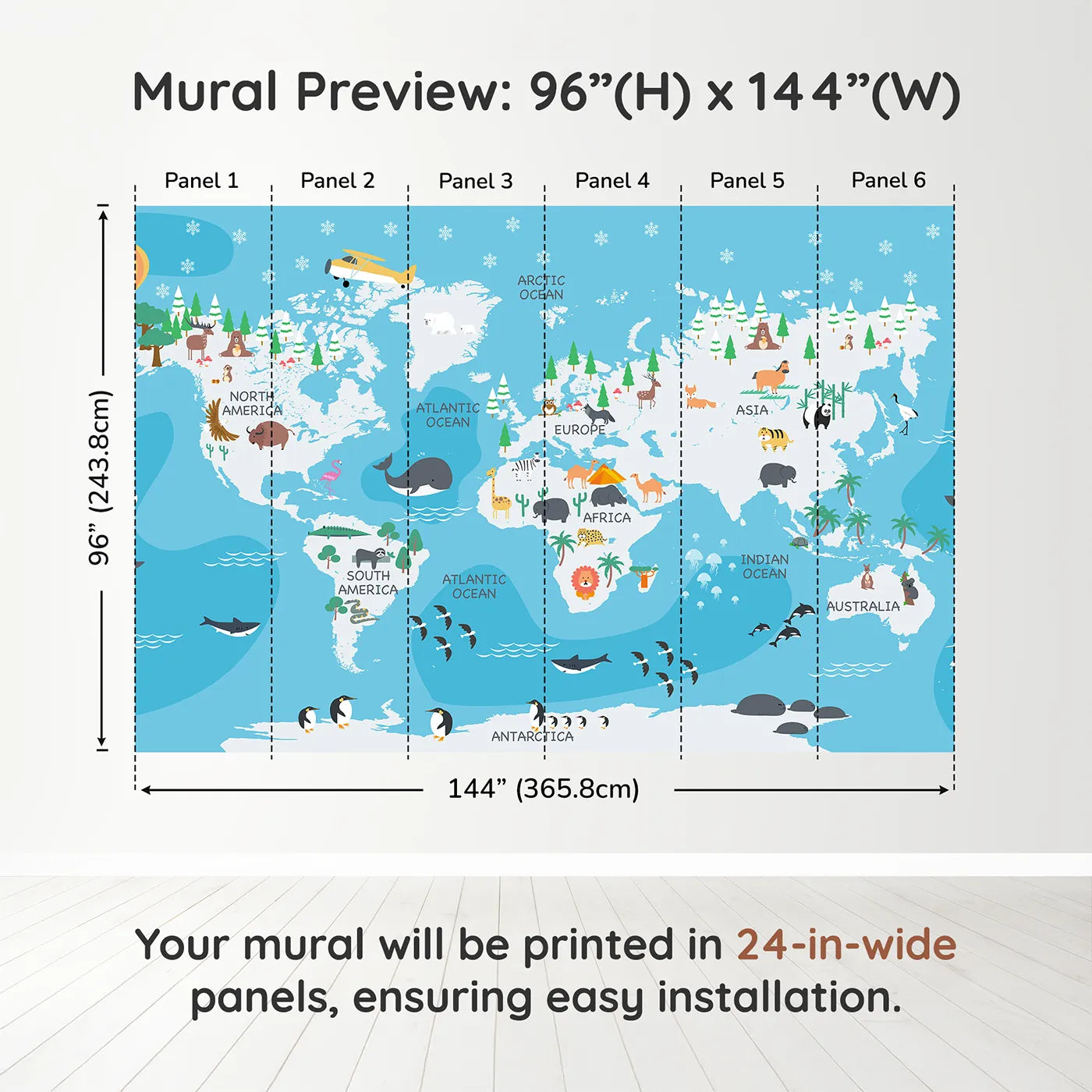 Whimsy Tots Winter World Map Adventure Wall Muraldimension view (96" H x 144" W). Printed in six 24-inch-wide panels. Gender-Neutral