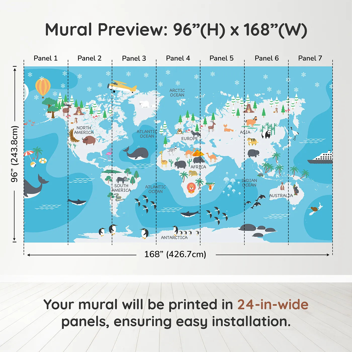 Whimsy Tots Winter World Map Adventure Wall Muraldimension view (96" H x 168" W). Printed in seven 24-inch-wide panels. Gender-Neutral