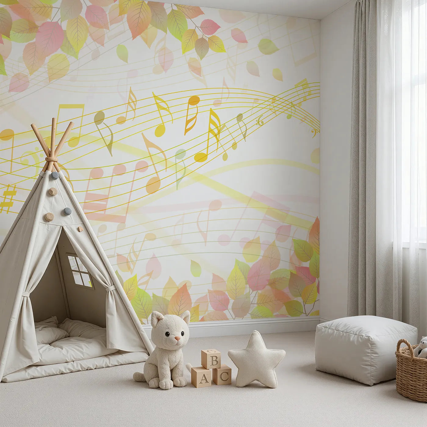 Angled view of Whimsy Tots' Autumn Song Wall Mural (Turn Their Room into a Symphony of Fall Colors).Gender-Neutral