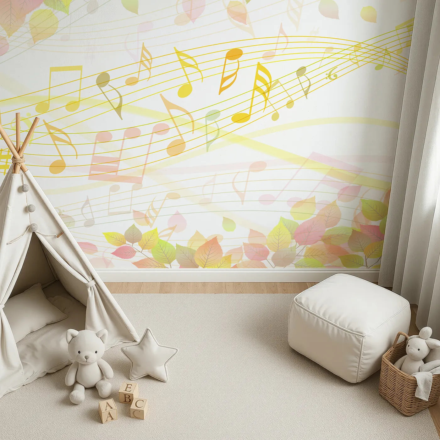 Top-down view of Whimsy Tots' Autumn Song Wall Mural (Turn Their Room into a Symphony of Fall Colors).Gender-Neutral