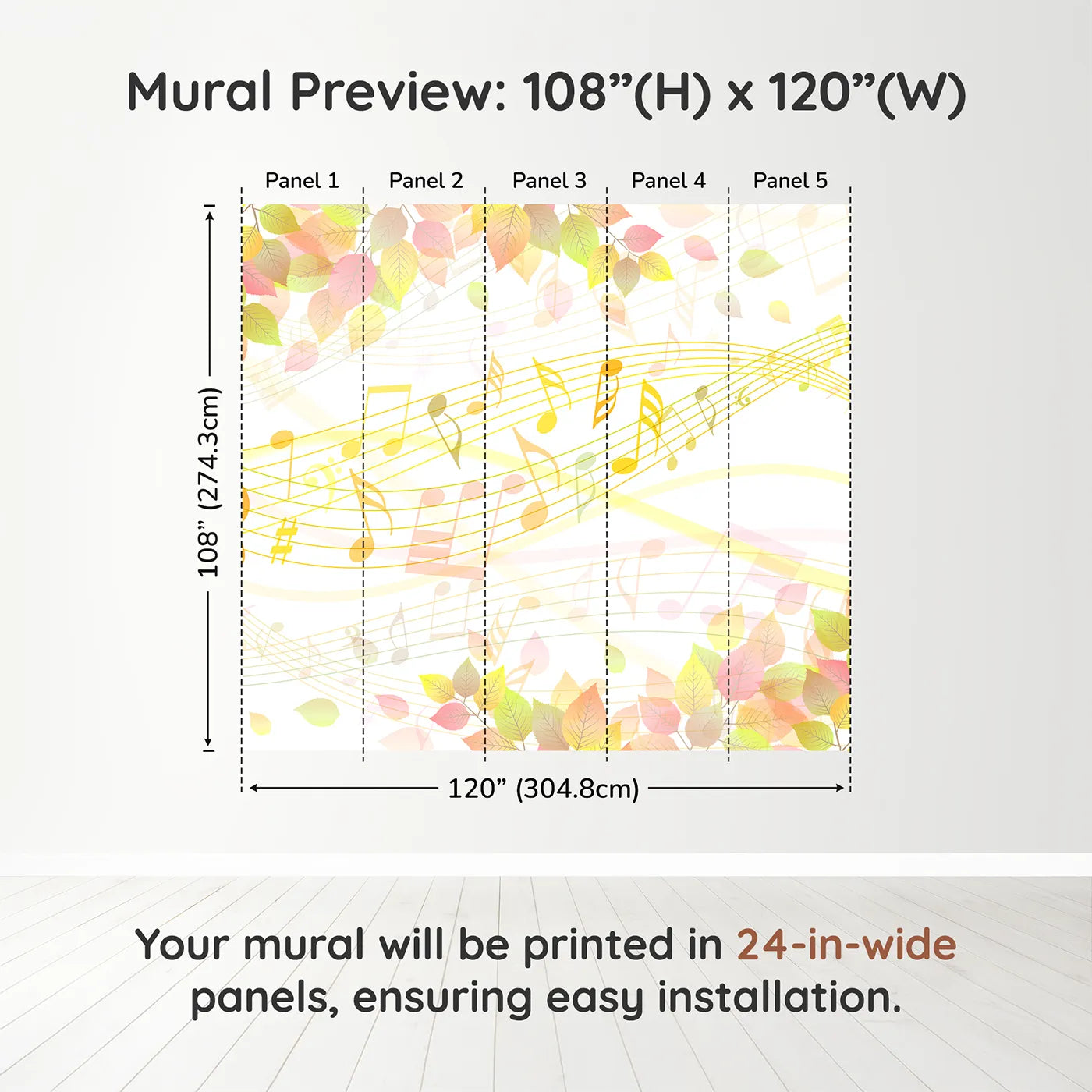 Whimsy Tots Autumn Song Wall Muraldimension view (108" H x 120" W). Printed in five 24-inch-wide panels. Gender-Neutral