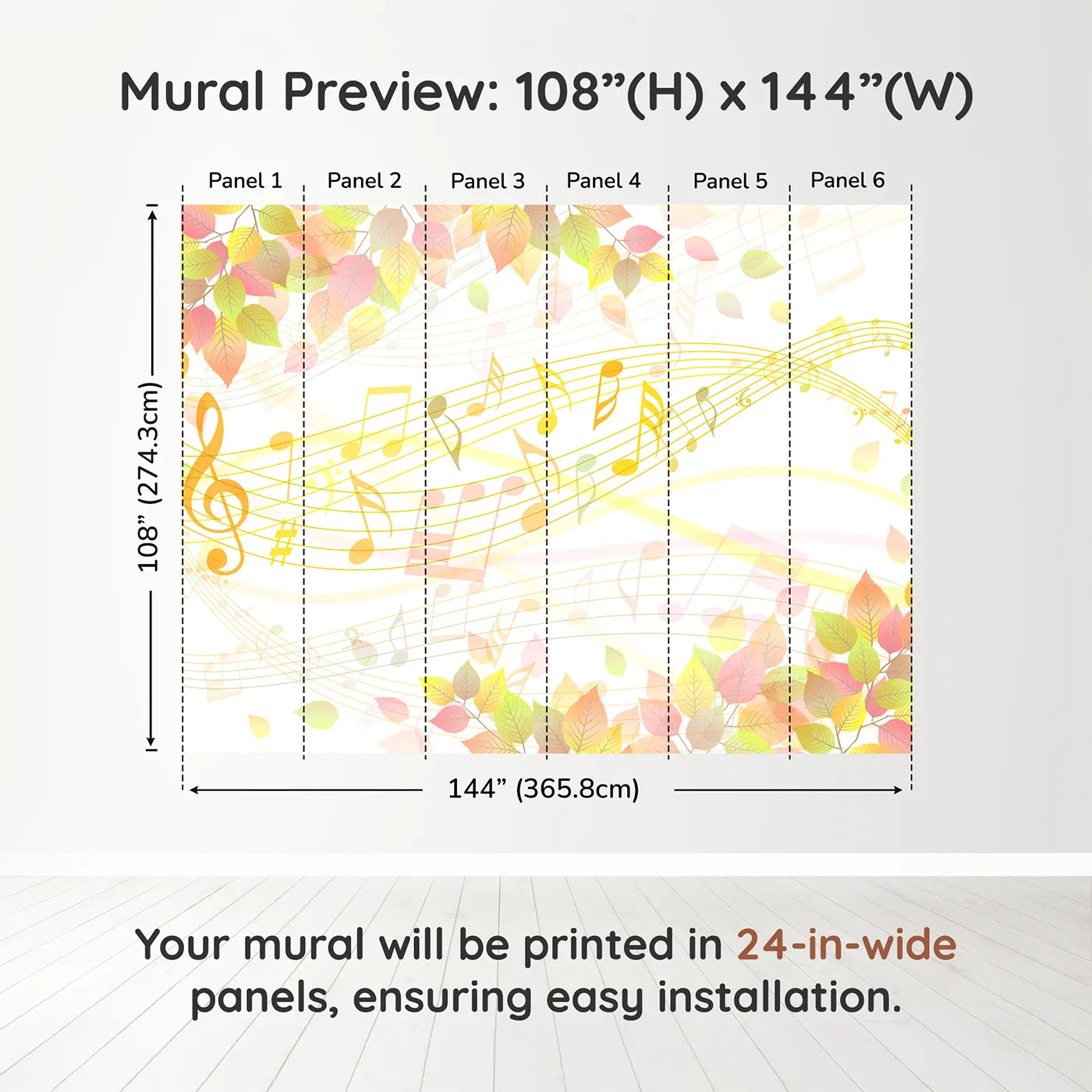 Whimsy Tots Autumn Song Wall Muraldimension view (108" H x 144" W). Printed in six 24-inch-wide panels. Gender-Neutral