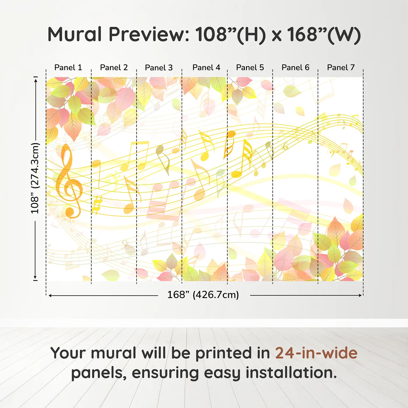 Whimsy Tots Autumn Song Wall Muraldimension view (108" H x 168" W). Printed in seven 24-inch-wide panels. Gender-Neutral