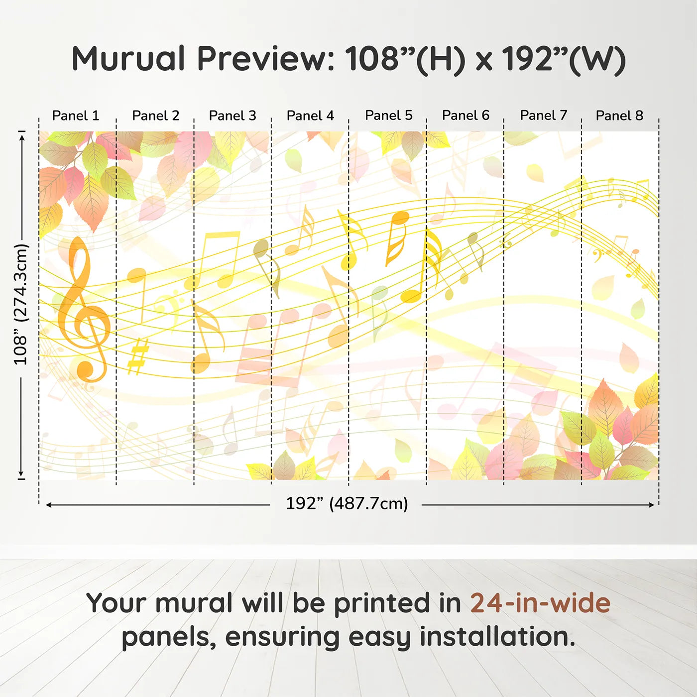 Whimsy Tots Autumn Song Wall Muraldimension view (108" H x 192" W). Printed in eight 24-inch-wide panels. Gender-Neutral