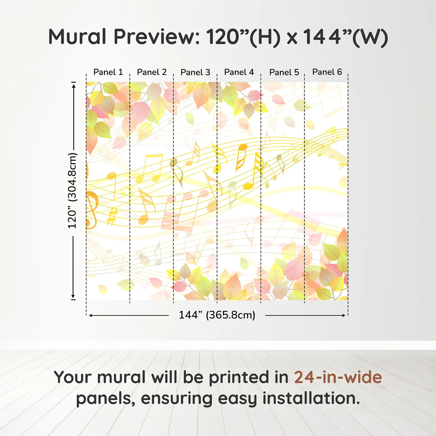 Whimsy Tots Autumn Song Wall Muraldimension view (120" H x 144" W). Printed in six 24-inch-wide panels. Gender-Neutral