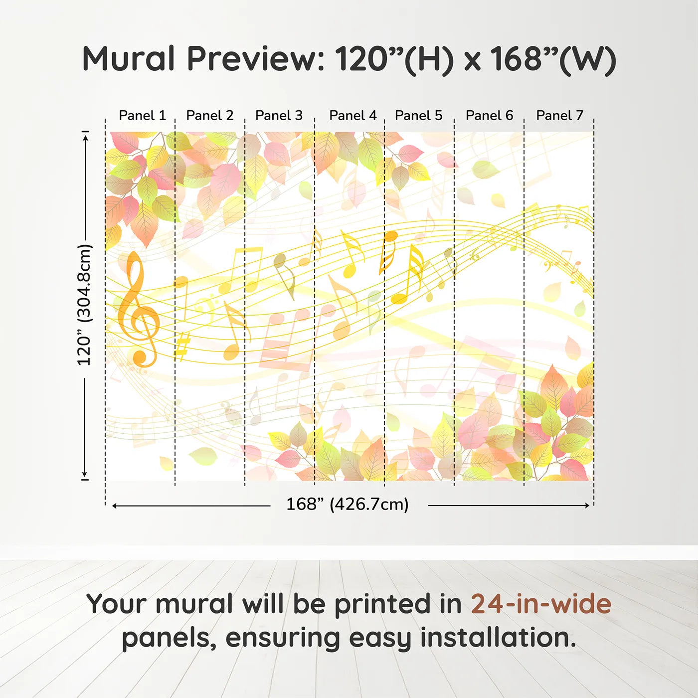 Whimsy Tots Autumn Song Wall Muraldimension view (120" H x 168" W). Printed in seven 24-inch-wide panels. Gender-Neutral