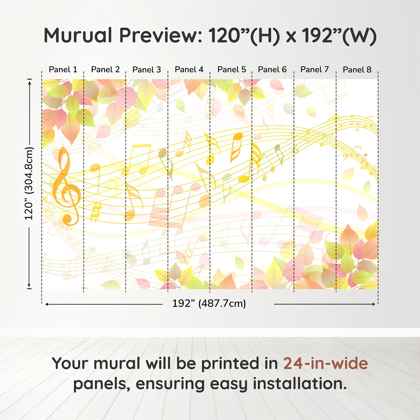 Whimsy Tots Autumn Song Wall Muraldimension view (120" H x 192" W). Printed in eight 24-inch-wide panels. Gender-Neutral