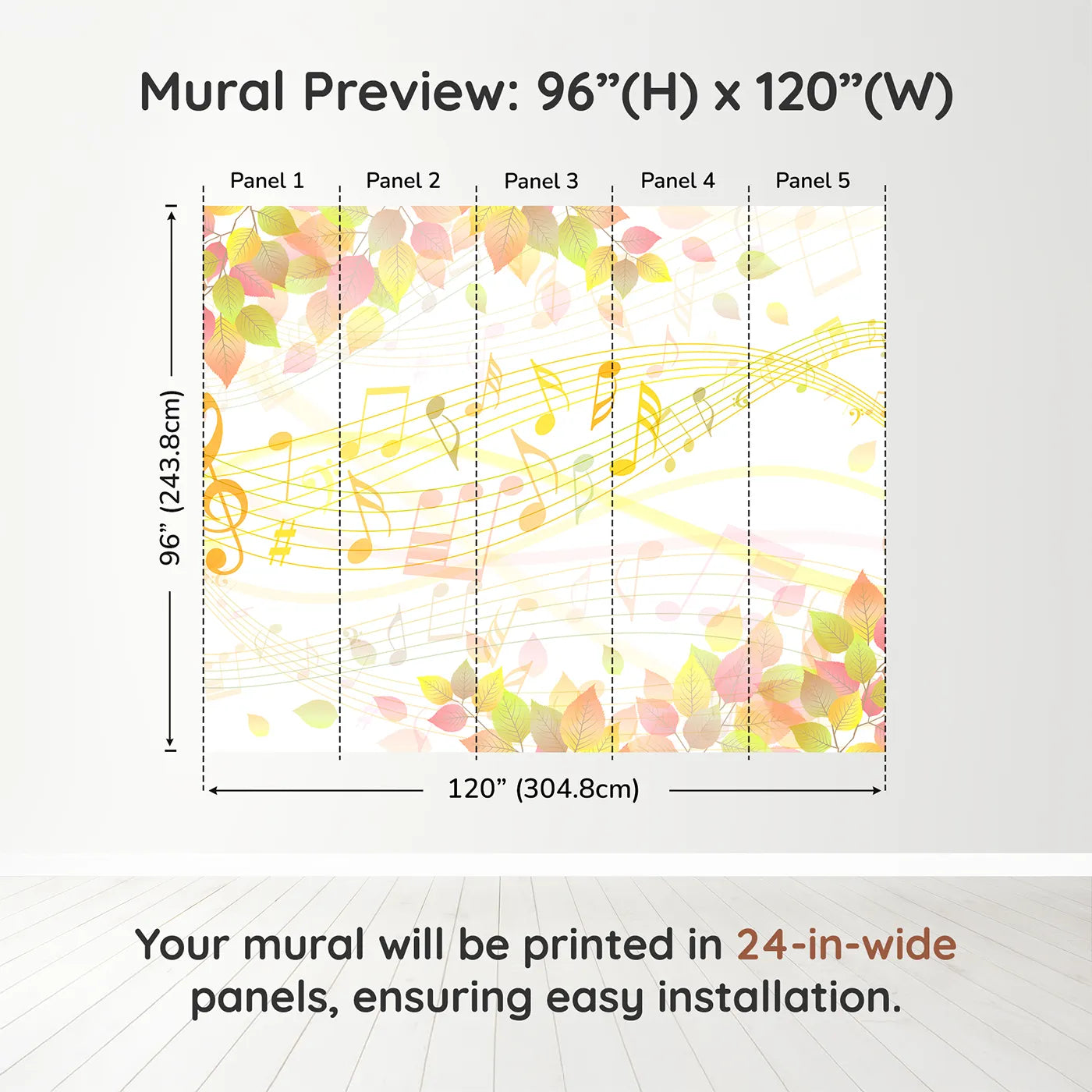 Whimsy Tots Autumn Song Wall Muraldimension view (96" H x 120" W). Printed in five 24-inch-wide panels. Gender-Neutral