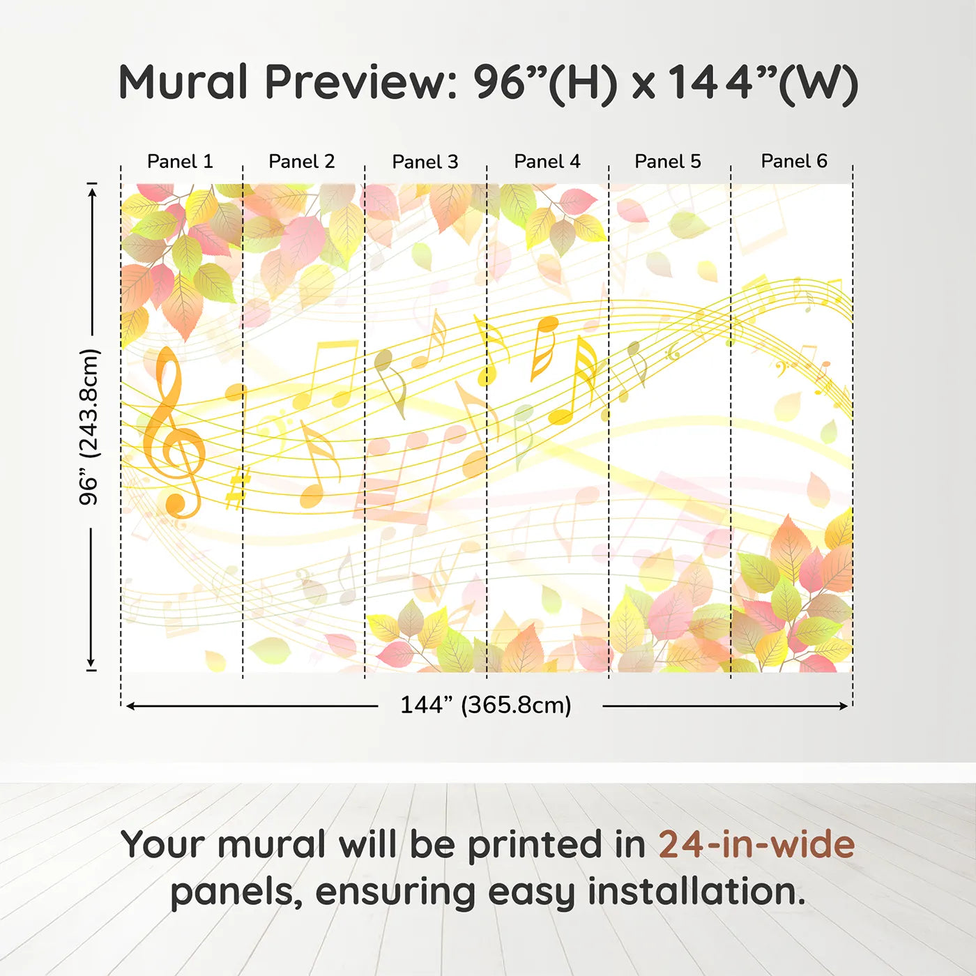 Whimsy Tots Autumn Song Wall Muraldimension view (96" H x 144" W). Printed in six 24-inch-wide panels. Gender-Neutral