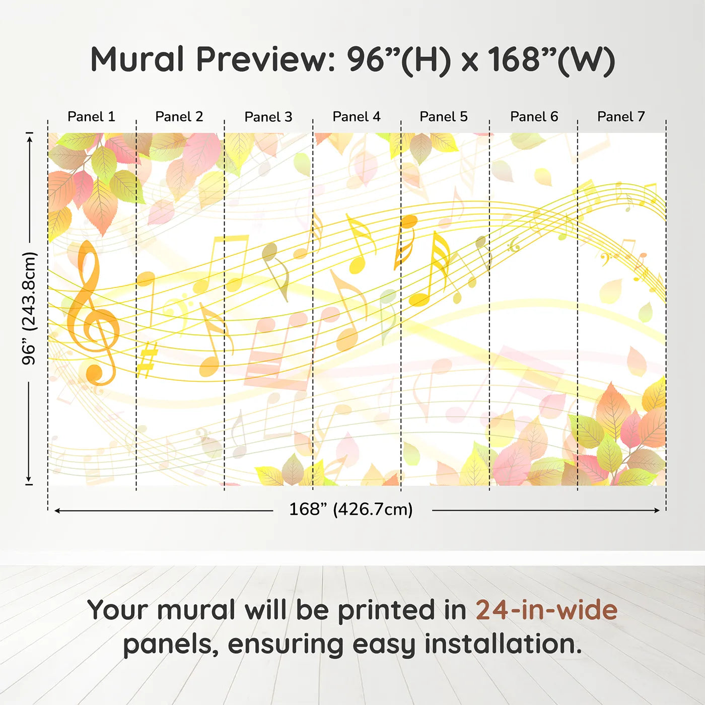 Whimsy Tots Autumn Song Wall Muraldimension view (96" H x 168" W). Printed in seven 24-inch-wide panels. Gender-Neutral