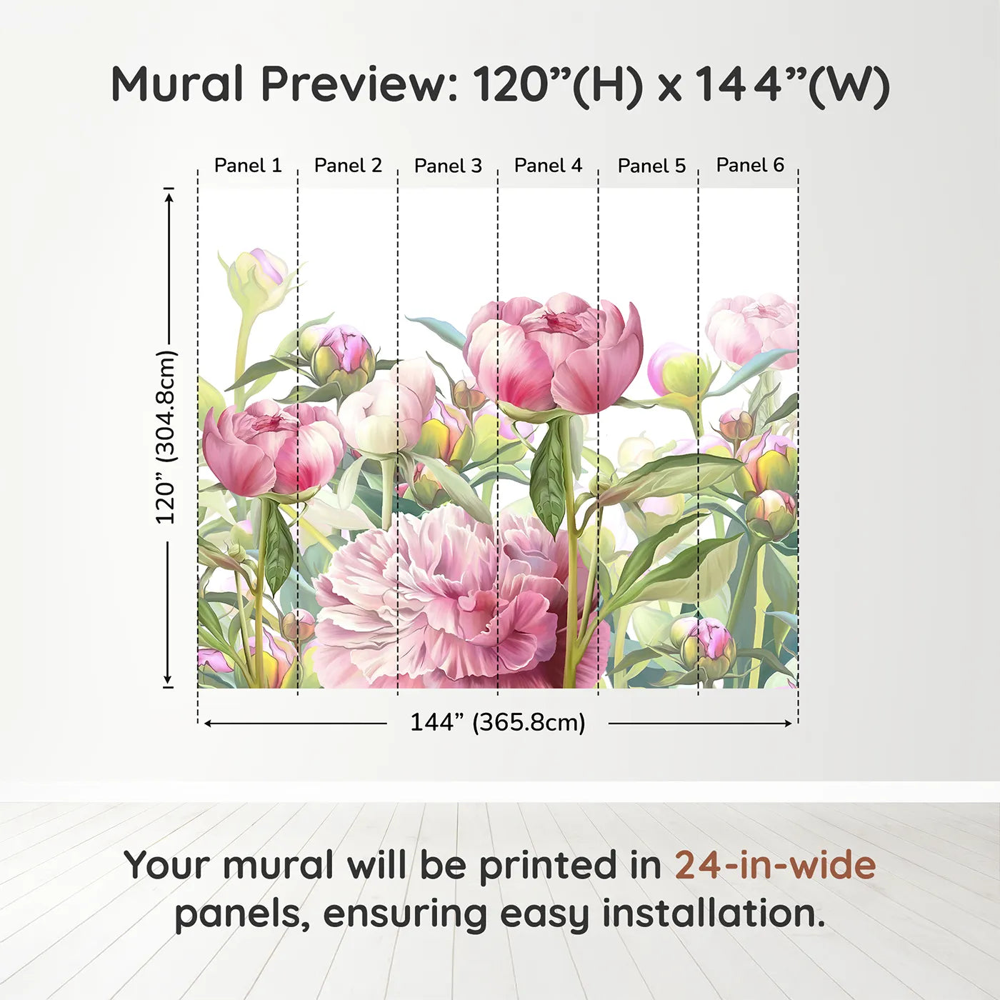 Whimsy Tots Pink Peony Garden Wall Muraldimension view (120" H x 144" W). Printed in six 24-inch-wide panels. Best for Girls