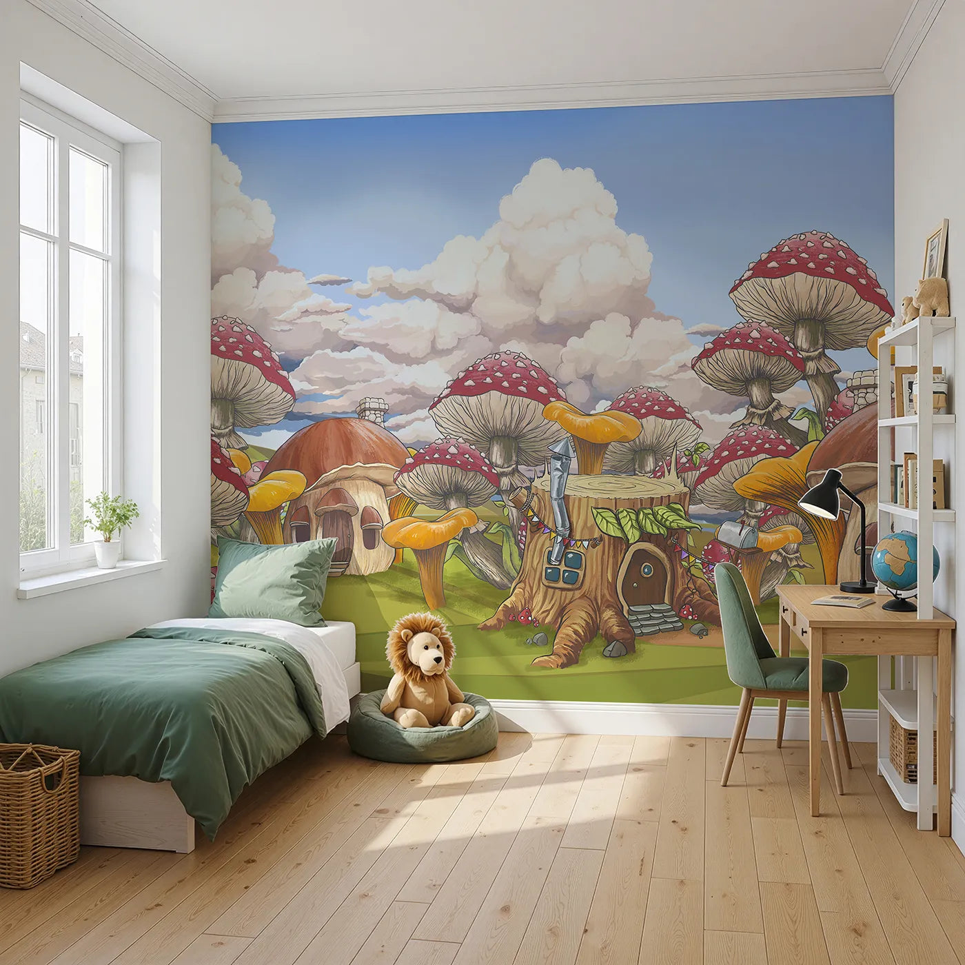 Angled view of Whimsy Tots' Mushroom Village Wall Mural (Turn Their Room into a Whimsical Toadstool Town).Gender-Neutral