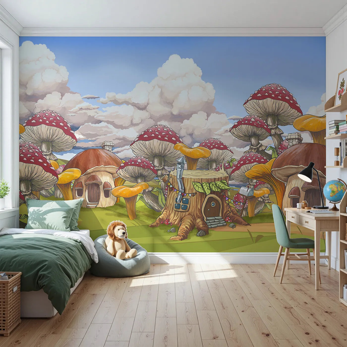 Front view of Whimsy Tots' Mushroom Village Wall Mural