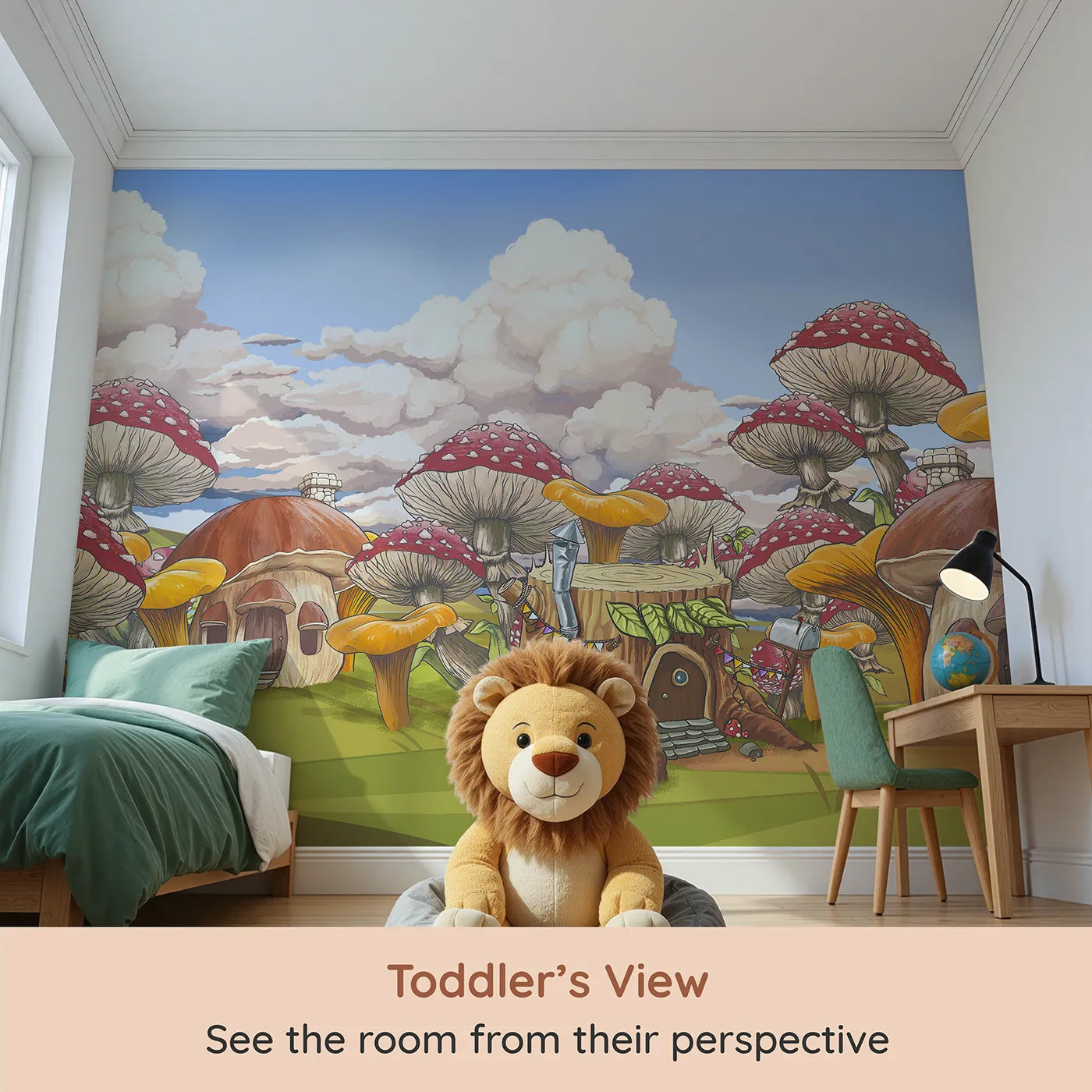 Whimsy Tots Mushroom Village Wall Mural (Turn Their Room into a Whimsical Toadstool Town) from your child's view.Gender-Neutral