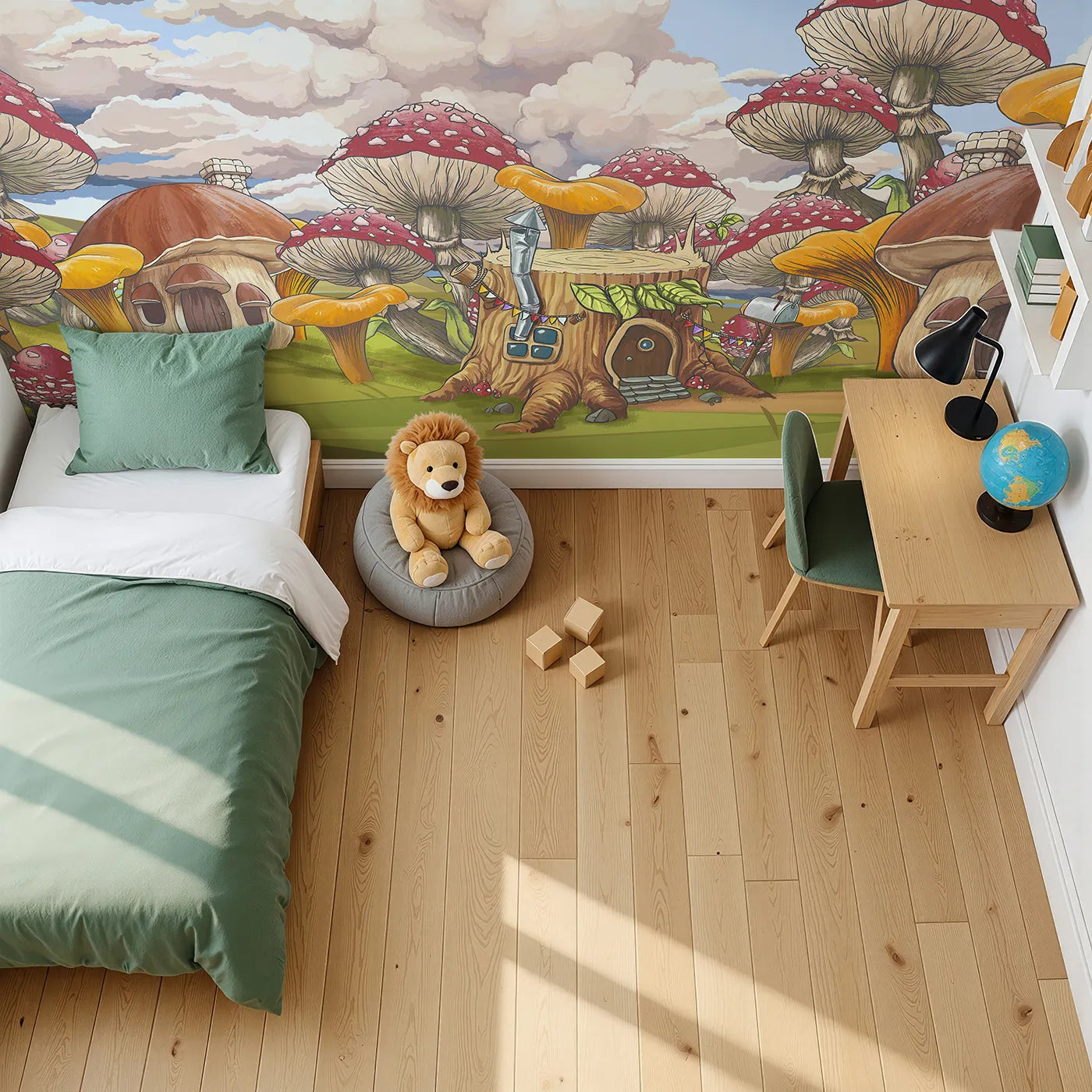 Top-down view of Whimsy Tots' Mushroom Village Wall Mural (Turn Their Room into a Whimsical Toadstool Town).Gender-Neutral