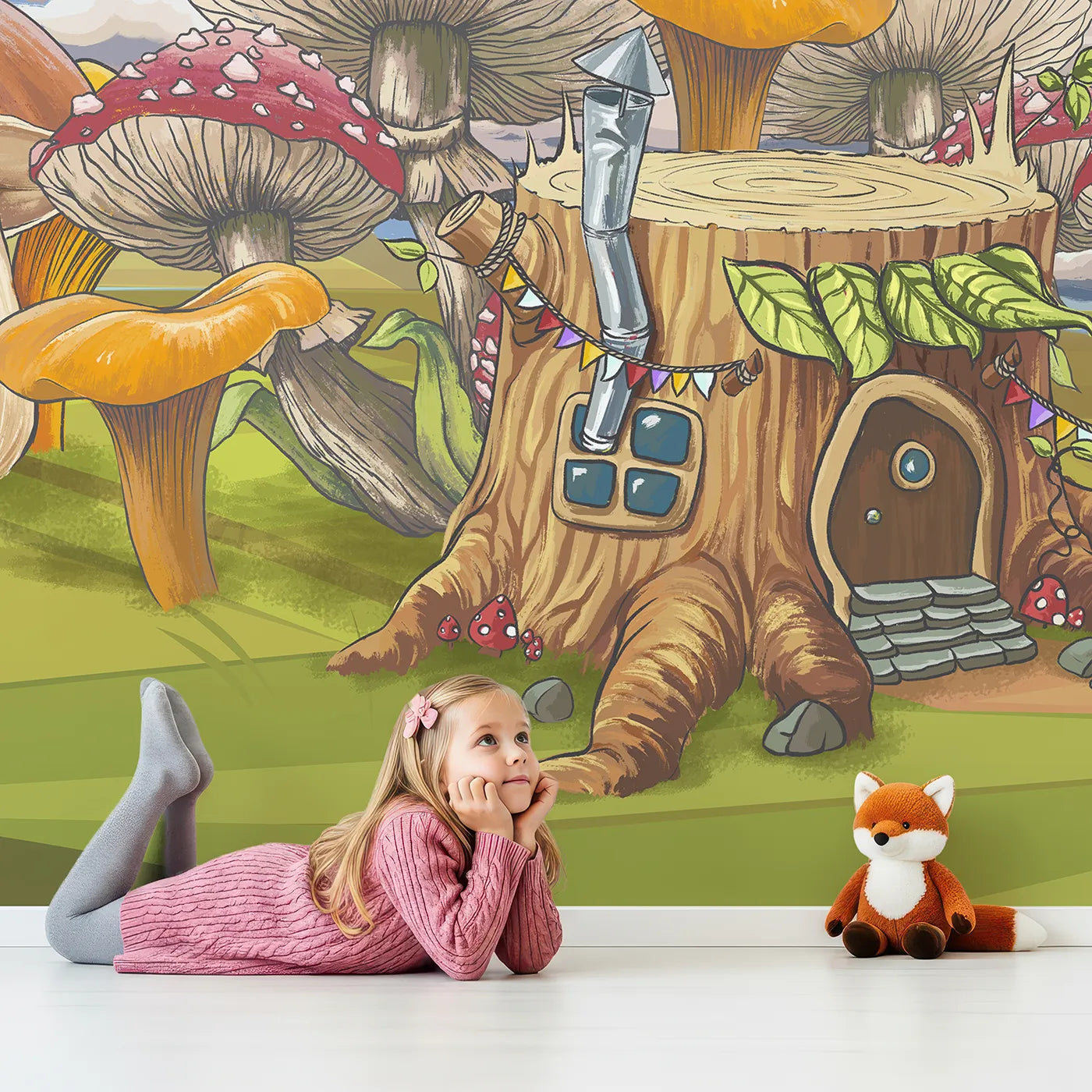 Child in front of Whimsy Tots Mushroom Village Wall Mural with mushroom, village, house, toadstool, fantasy, cartoon, forest, gnome in design.