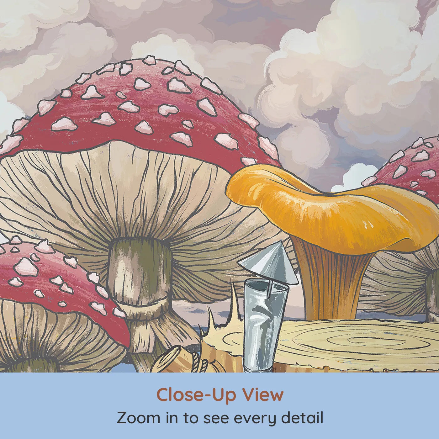 Close-up view of Whimsy Tots' Mushroom Village Wall Mural (Turn Their Room into a Whimsical Toadstool Town).Gender-Neutral