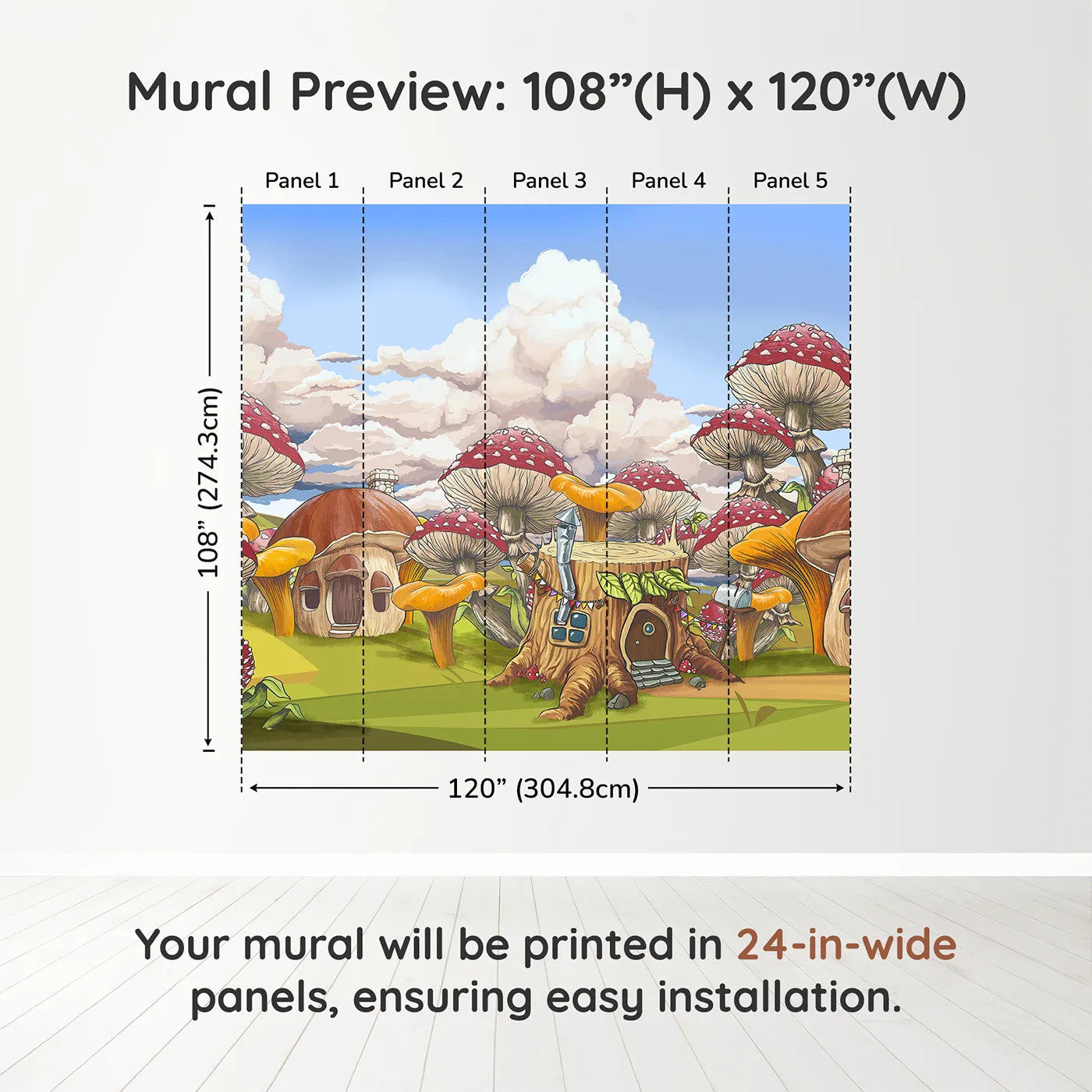 Whimsy Tots Mushroom Village Wall Muraldimension view (108" H x 120" W). Printed in five 24-inch-wide panels. Gender-Neutral