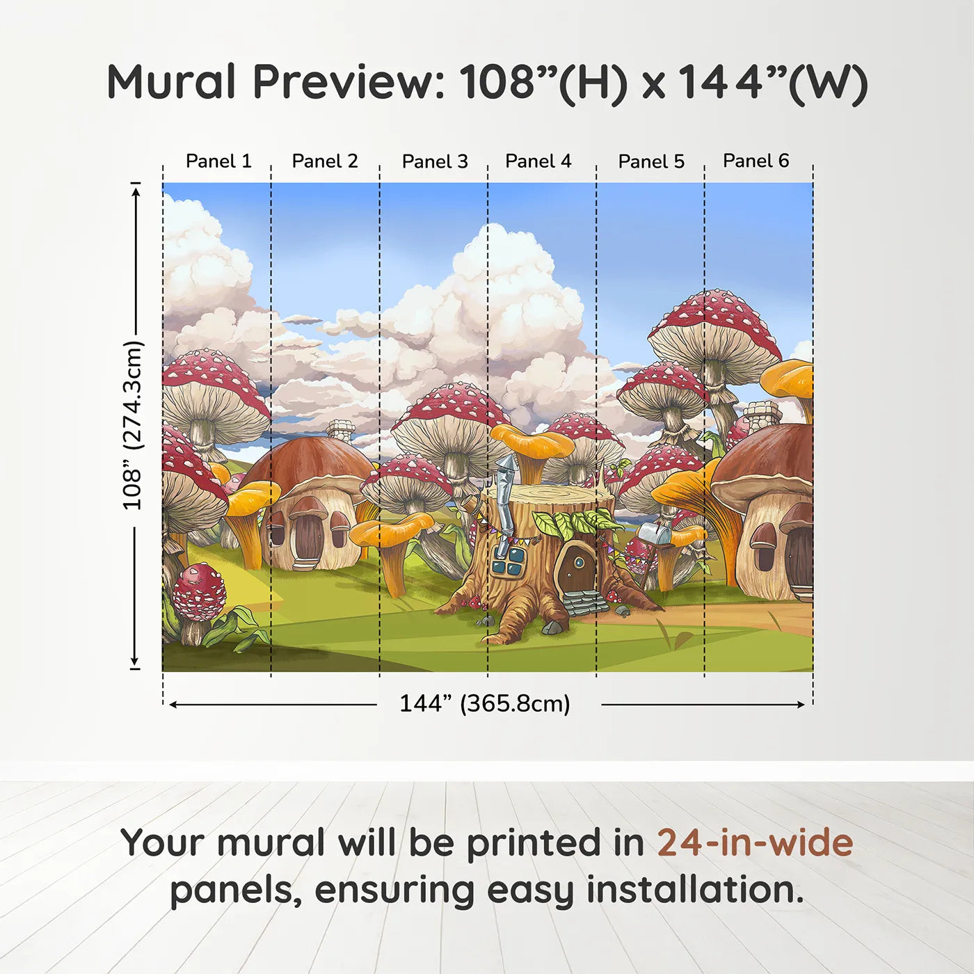 Whimsy Tots Mushroom Village Wall Muraldimension view (108" H x 144" W). Printed in six 24-inch-wide panels. Gender-Neutral