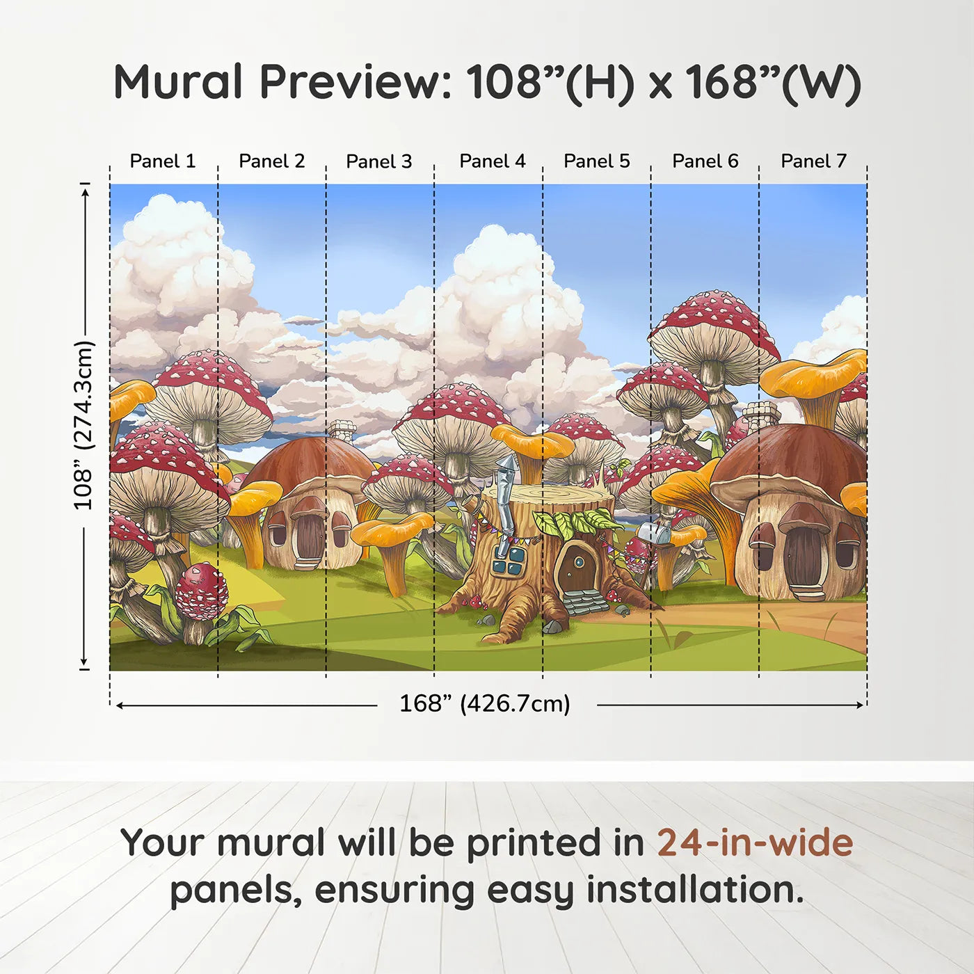 Whimsy Tots Mushroom Village Wall Muraldimension view (108" H x 168" W). Printed in seven 24-inch-wide panels. Gender-Neutral