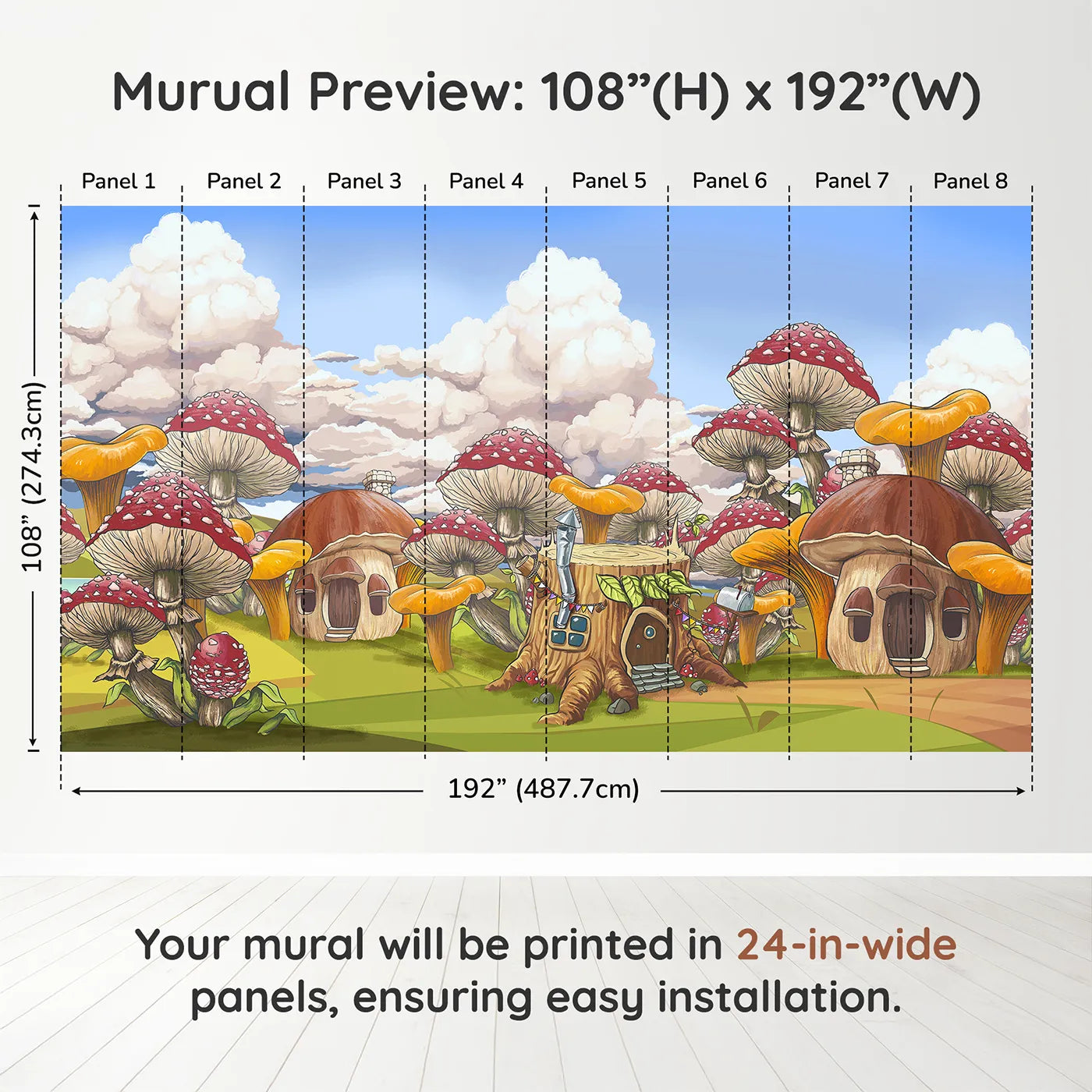 Whimsy Tots Mushroom Village Wall Muraldimension view (108" H x 192" W). Printed in eight 24-inch-wide panels. Gender-Neutral