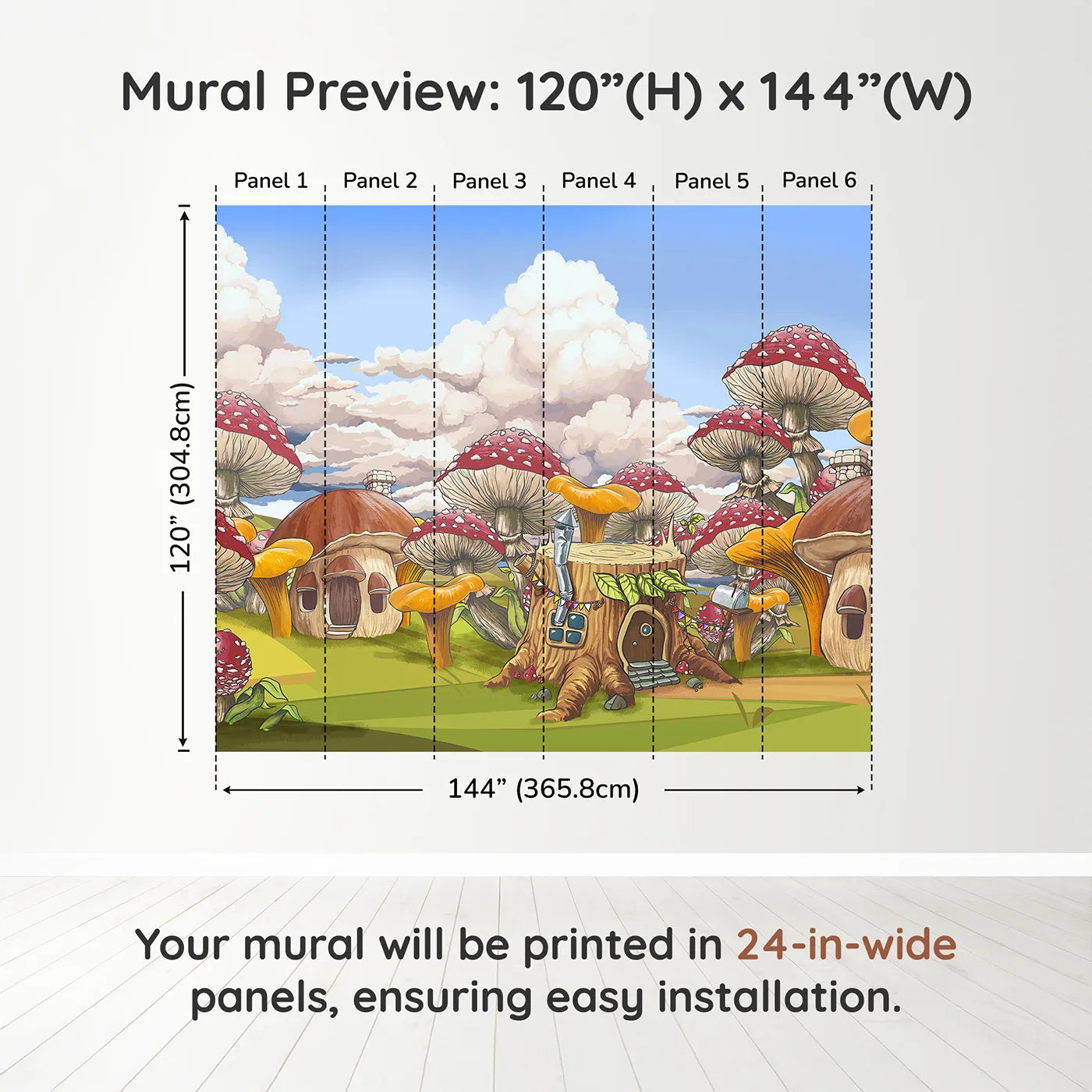Whimsy Tots Mushroom Village Wall Muraldimension view (120" H x 144" W). Printed in six 24-inch-wide panels. Gender-Neutral