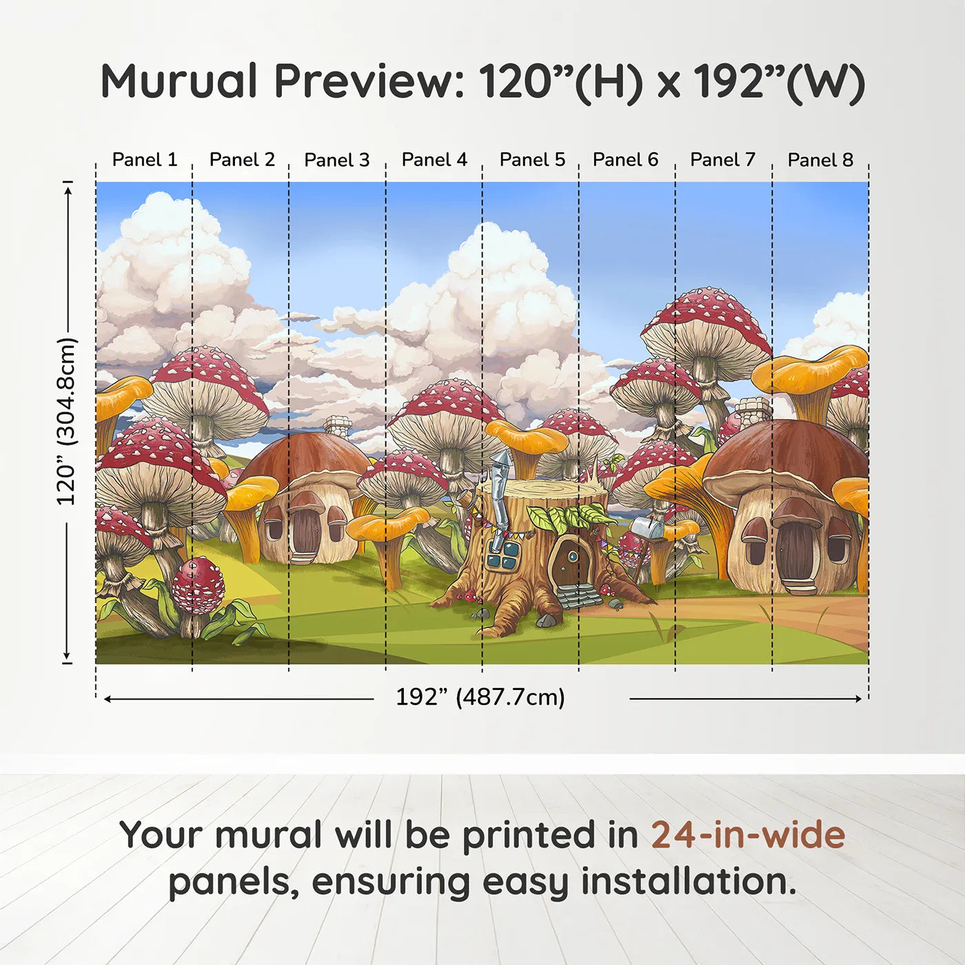 Whimsy Tots Mushroom Village Wall Muraldimension view (120" H x 192" W). Printed in eight 24-inch-wide panels. Gender-Neutral