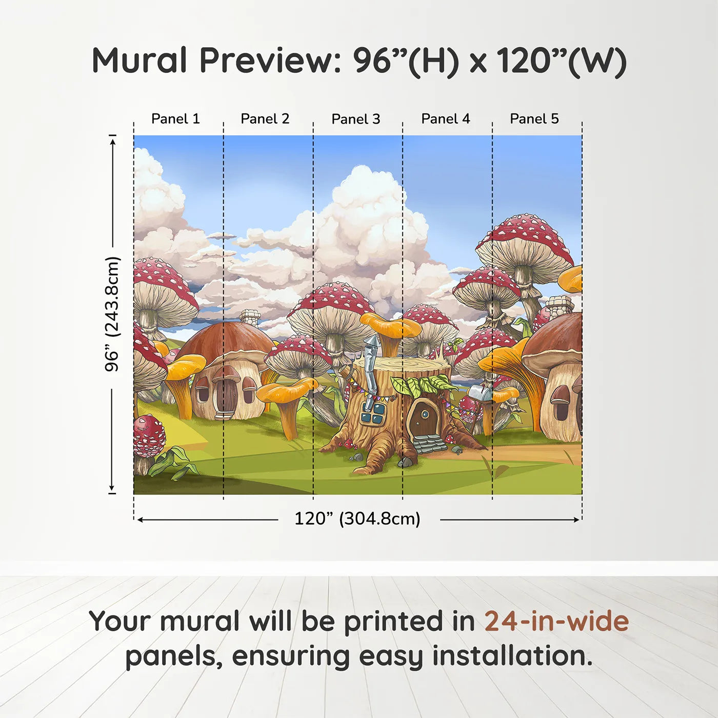 Whimsy Tots Mushroom Village Wall Muraldimension view (96" H x 120" W). Printed in five 24-inch-wide panels. Gender-Neutral