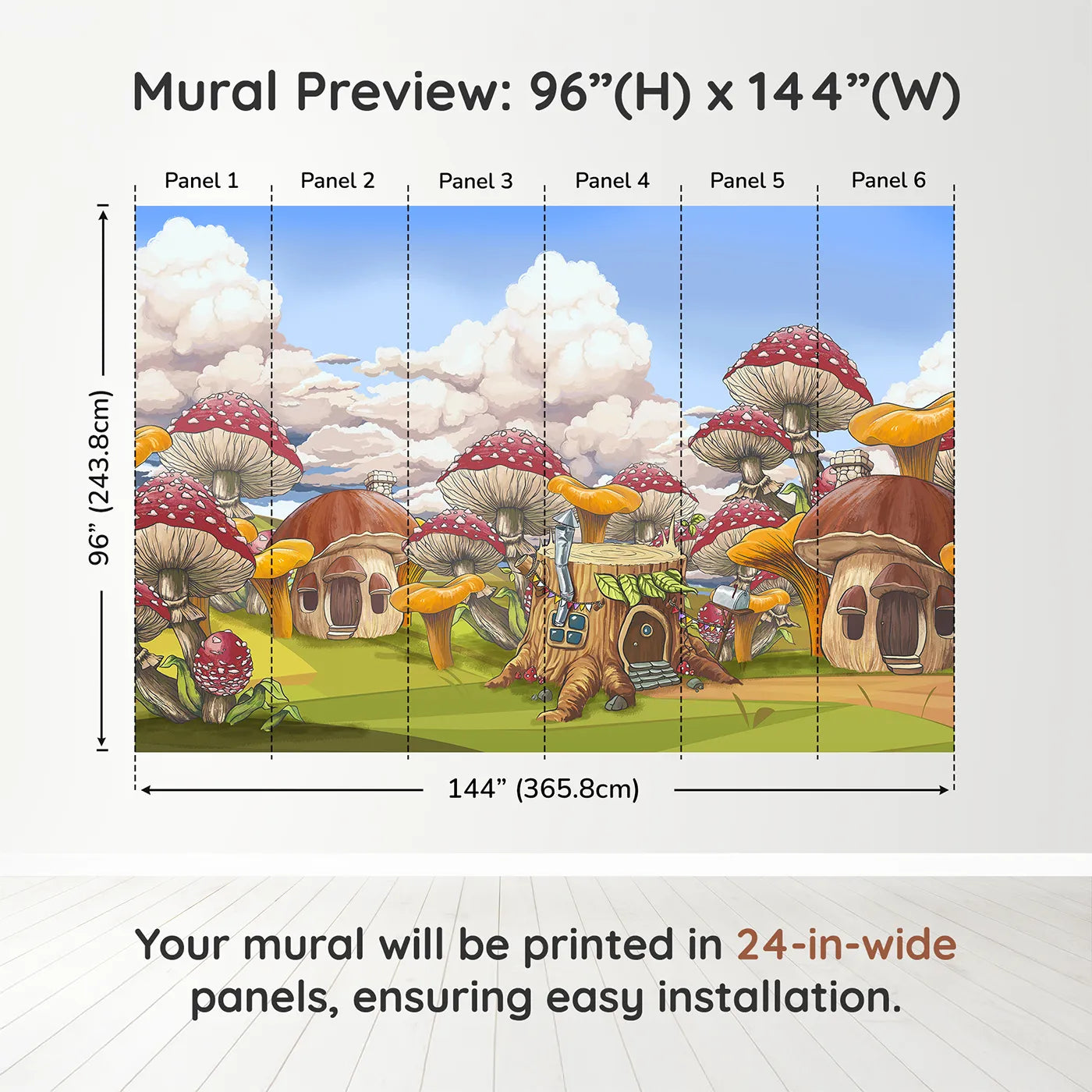 Whimsy Tots Mushroom Village Wall Muraldimension view (96" H x 144" W). Printed in six 24-inch-wide panels. Gender-Neutral