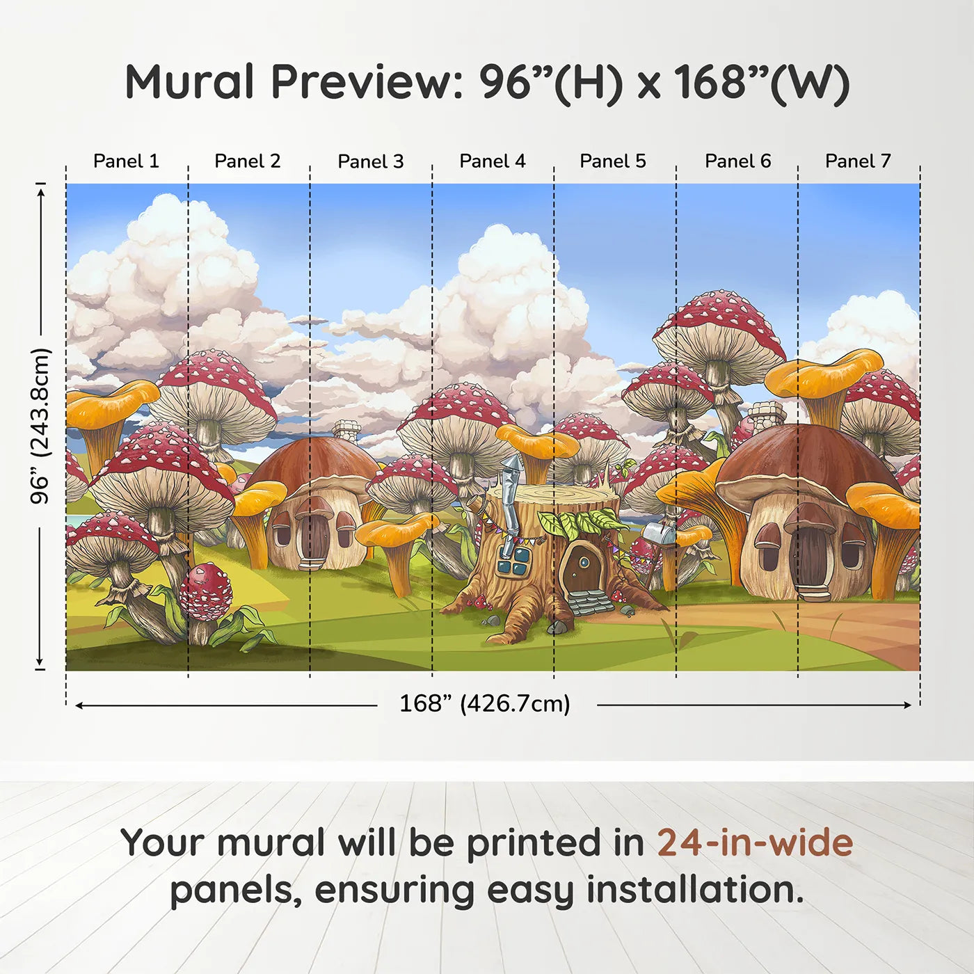 Whimsy Tots Mushroom Village Wall Muraldimension view (96" H x 168" W). Printed in seven 24-inch-wide panels. Gender-Neutral