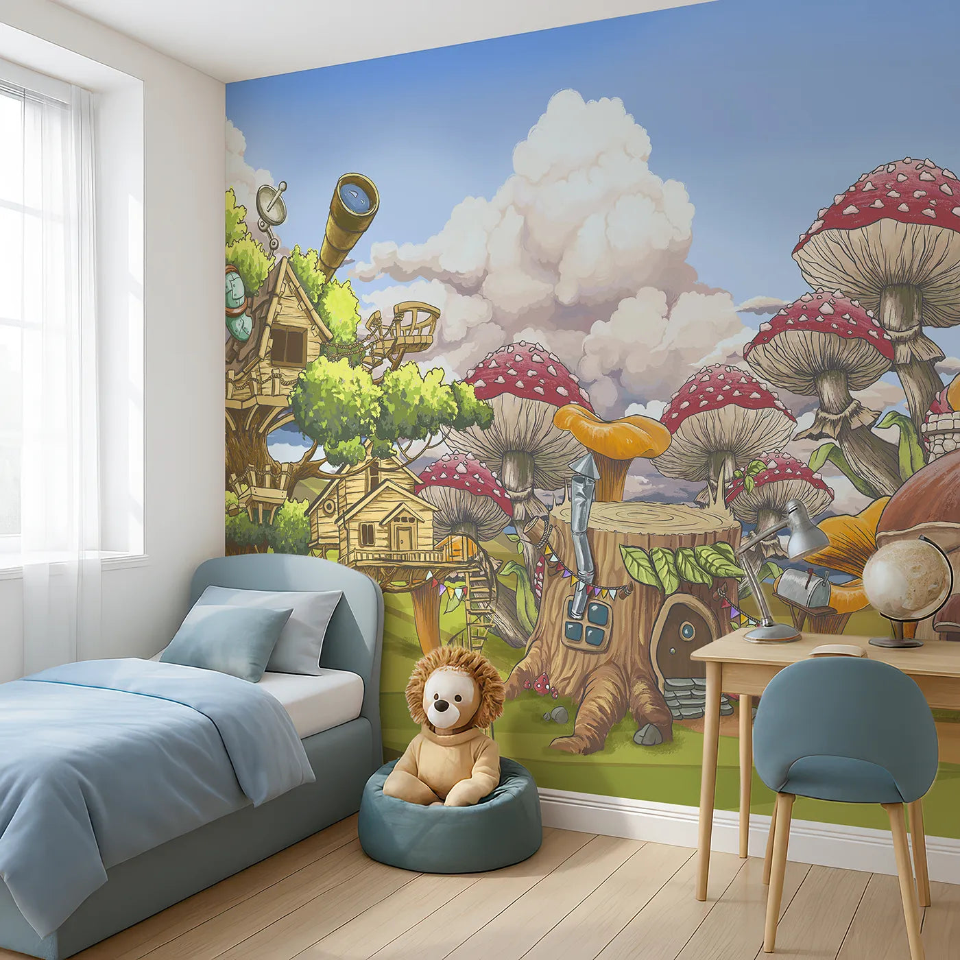 Angled view of Whimsy Tots' Treehouse Adventure Wall Mural (Turn Their Room into the Ultimate Treetop Hideout).Gender-Neutral