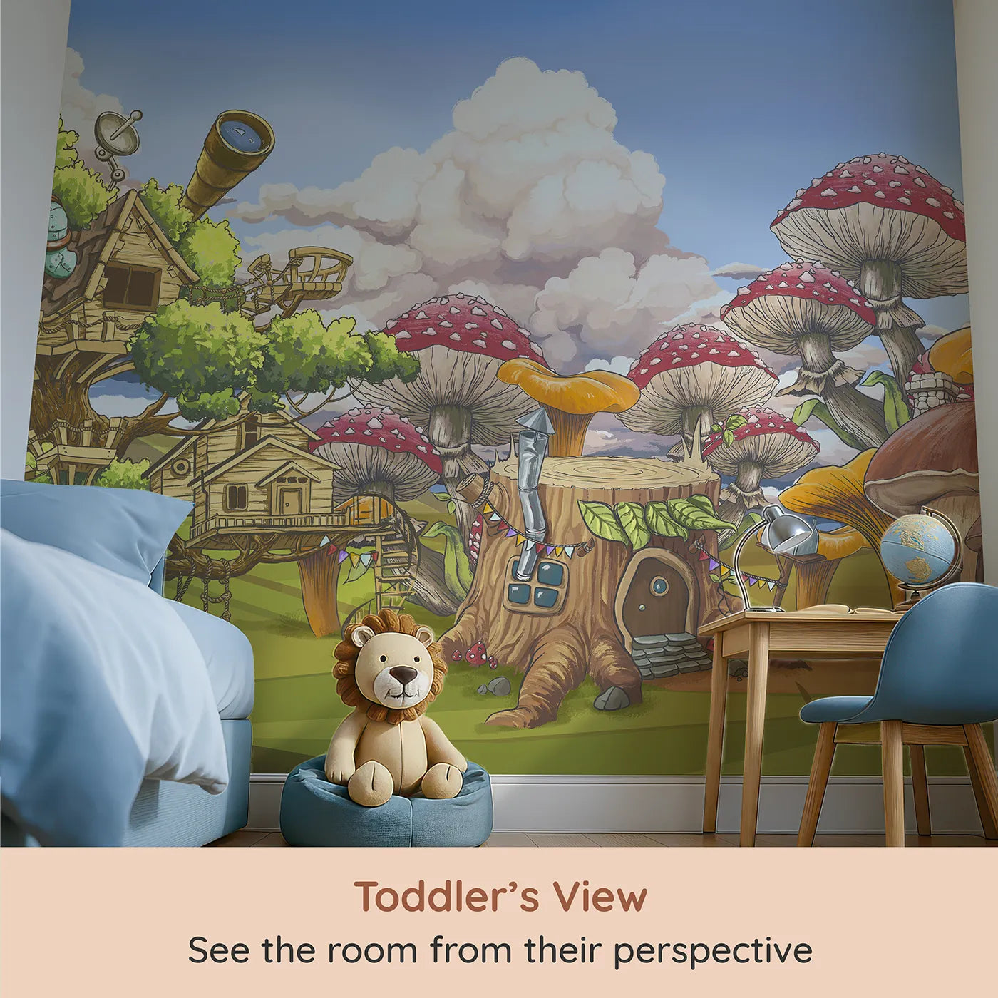 Whimsy Tots Treehouse Adventure Wall Mural (Turn Their Room into the Ultimate Treetop Hideout) from your child's view.Gender-Neutral