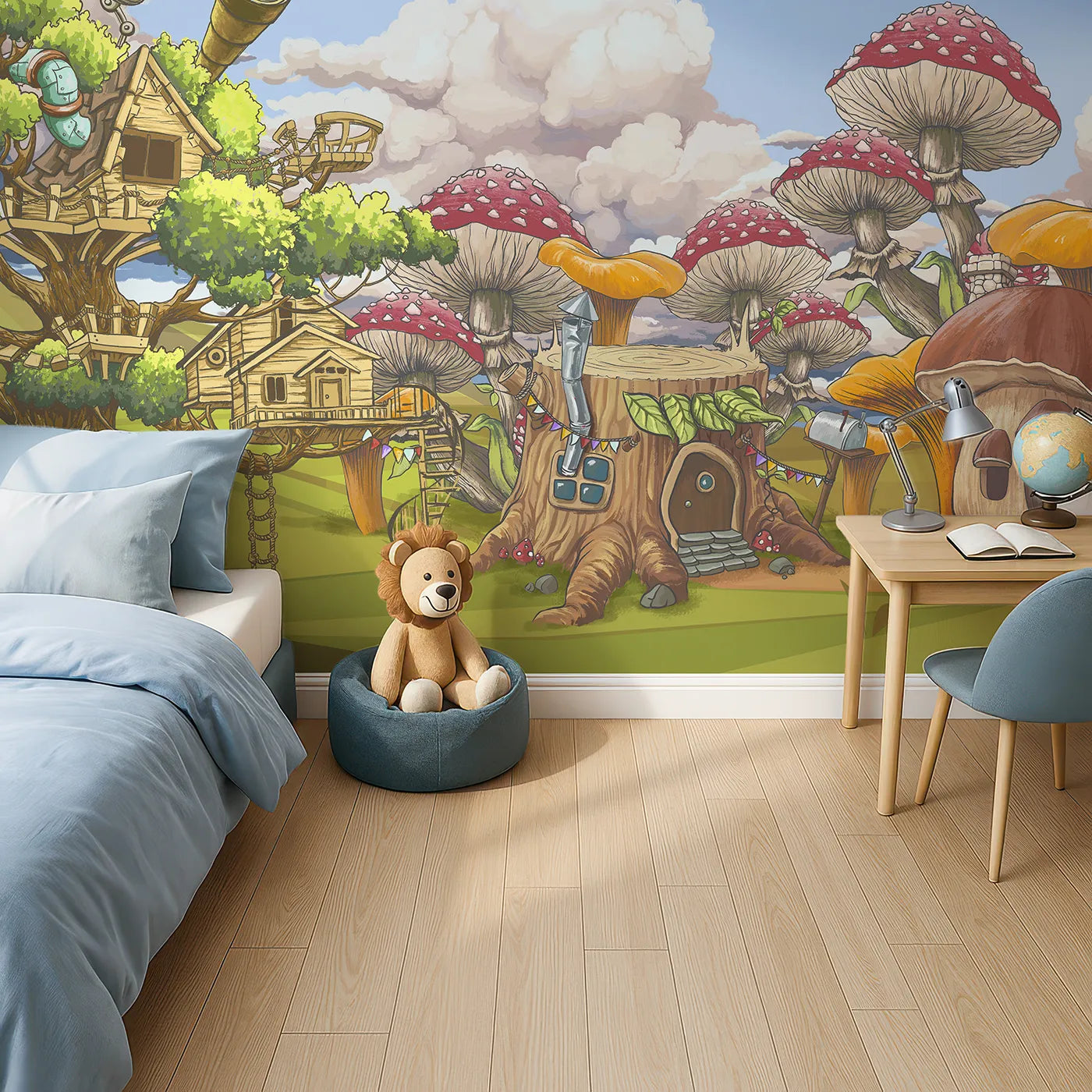 Top-down view of Whimsy Tots' Treehouse Adventure Wall Mural (Turn Their Room into the Ultimate Treetop Hideout).Gender-Neutral