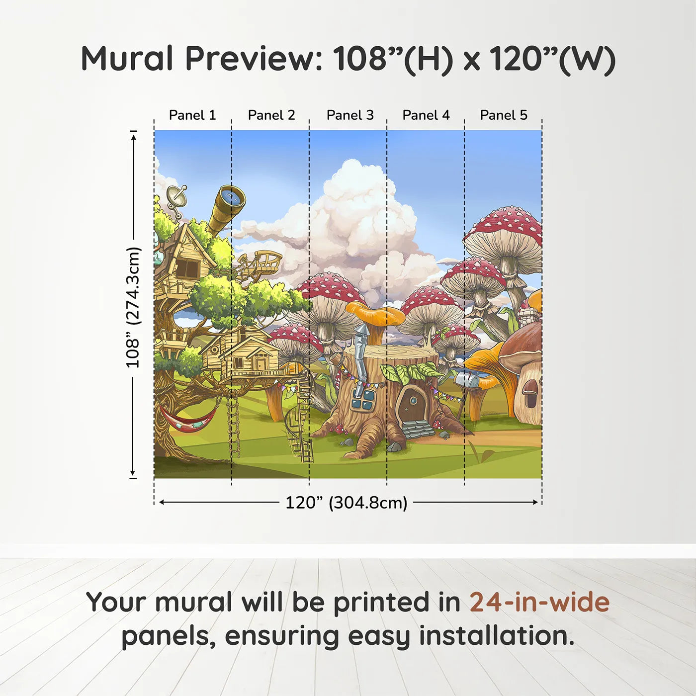 Whimsy Tots Treehouse Adventure Wall Muraldimension view (108" H x 120" W). Printed in five 24-inch-wide panels. Gender-Neutral