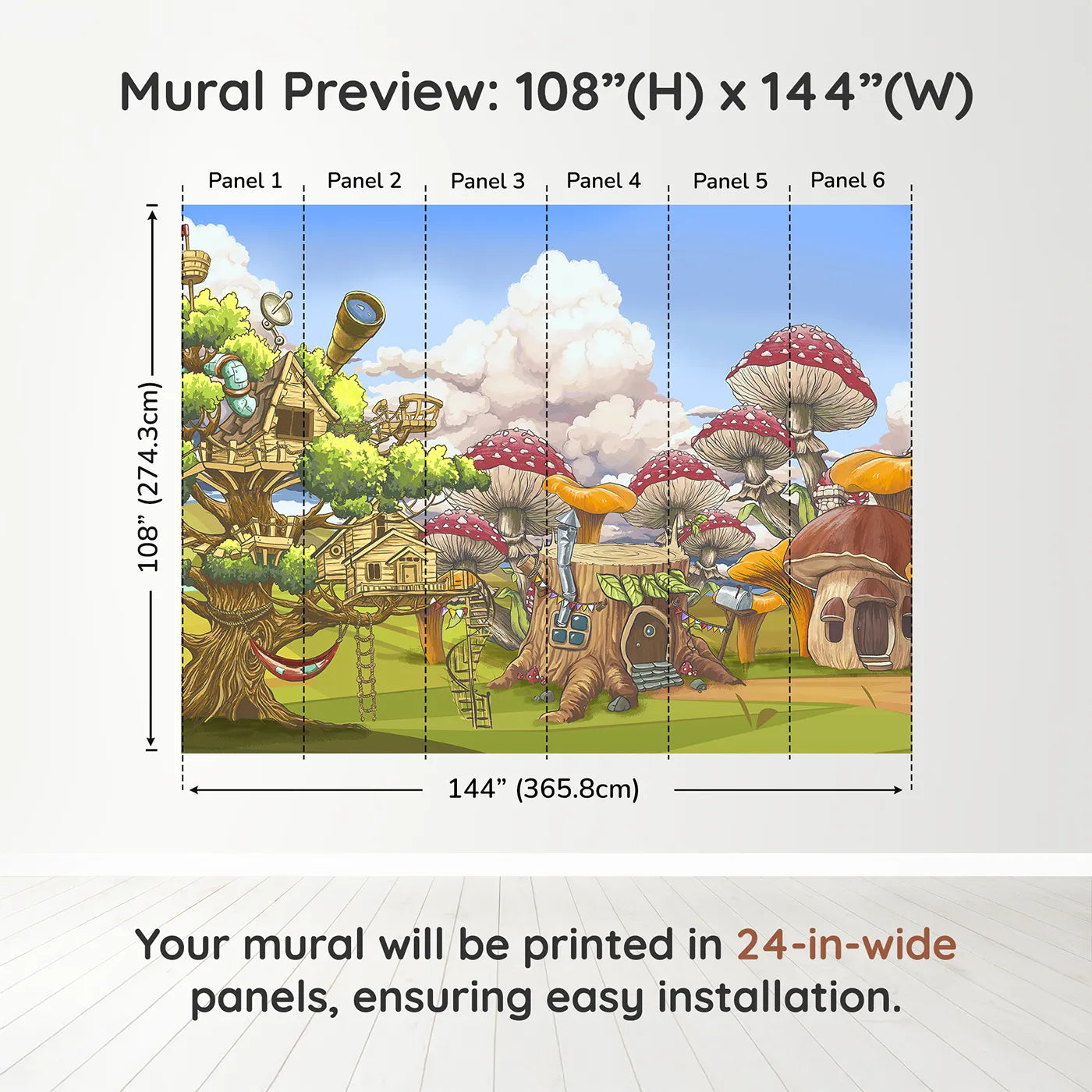 Whimsy Tots Treehouse Adventure Wall Muraldimension view (108" H x 144" W). Printed in six 24-inch-wide panels. Gender-Neutral