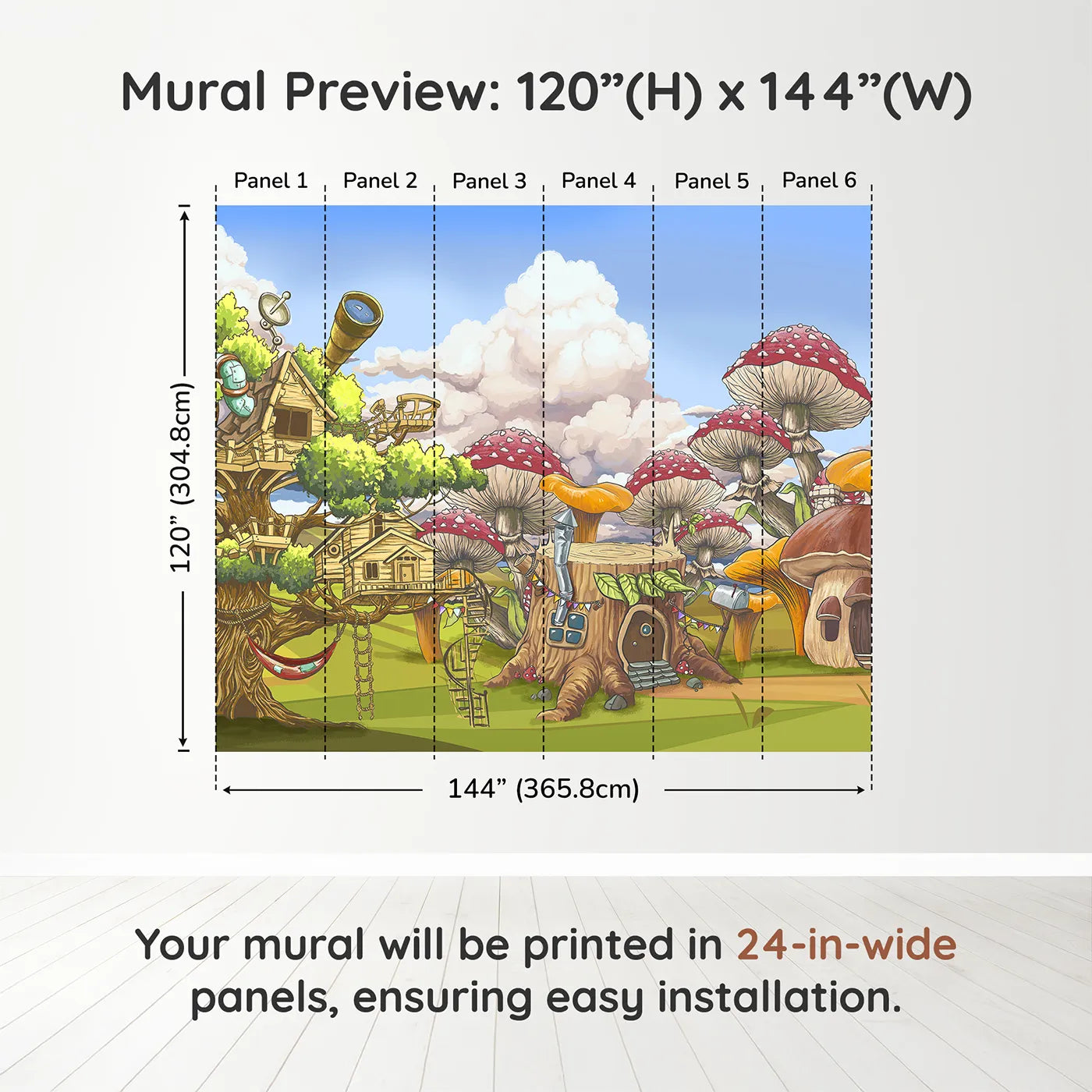Whimsy Tots Treehouse Adventure Wall Muraldimension view (120" H x 144" W). Printed in six 24-inch-wide panels. Gender-Neutral