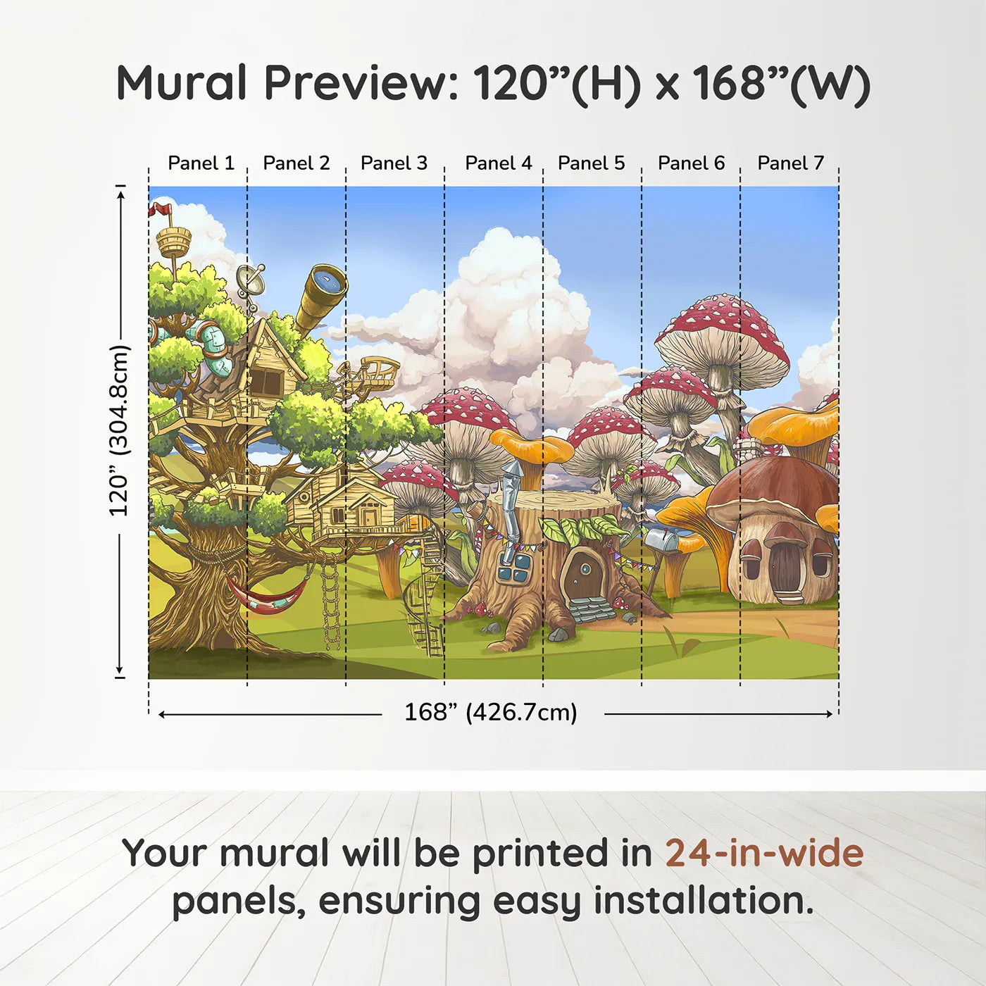 Whimsy Tots Treehouse Adventure Wall Muraldimension view (120" H x 168" W). Printed in seven 24-inch-wide panels. Gender-Neutral