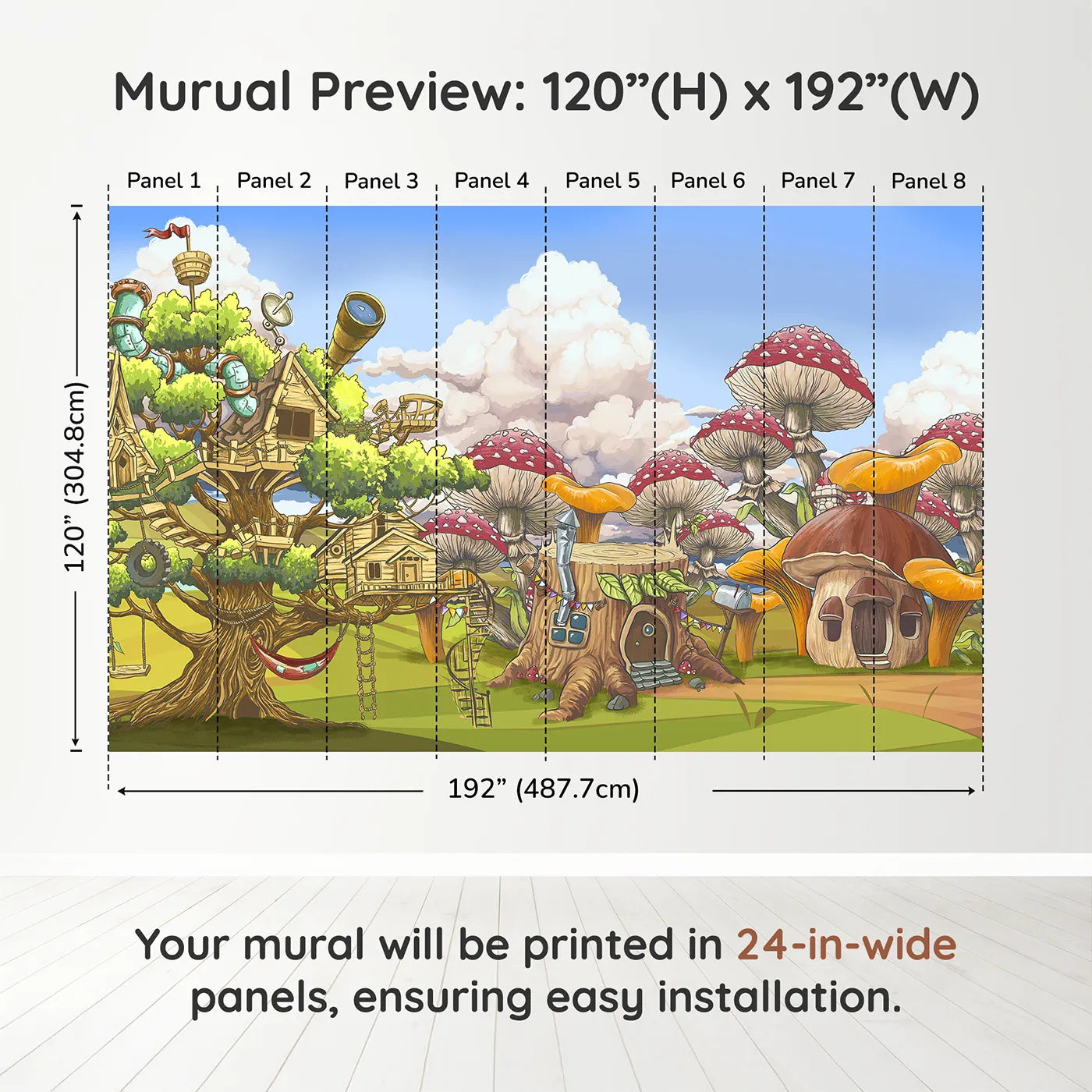 Whimsy Tots Treehouse Adventure Wall Muraldimension view (120" H x 192" W). Printed in eight 24-inch-wide panels. Gender-Neutral