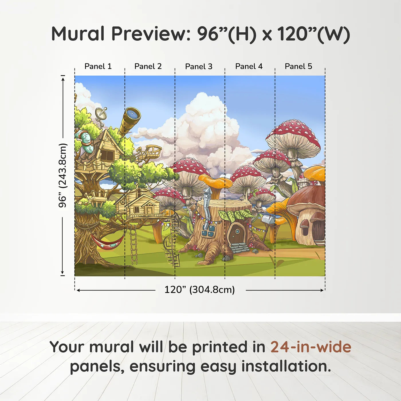 Whimsy Tots Treehouse Adventure Wall Muraldimension view (96" H x 120" W). Printed in five 24-inch-wide panels. Gender-Neutral