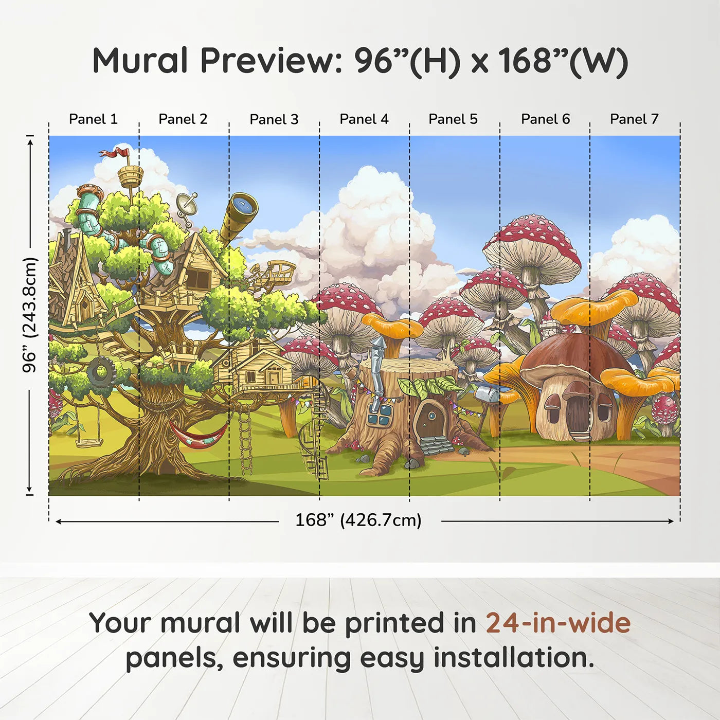Whimsy Tots Treehouse Adventure Wall Muraldimension view (96" H x 168" W). Printed in seven 24-inch-wide panels. Gender-Neutral
