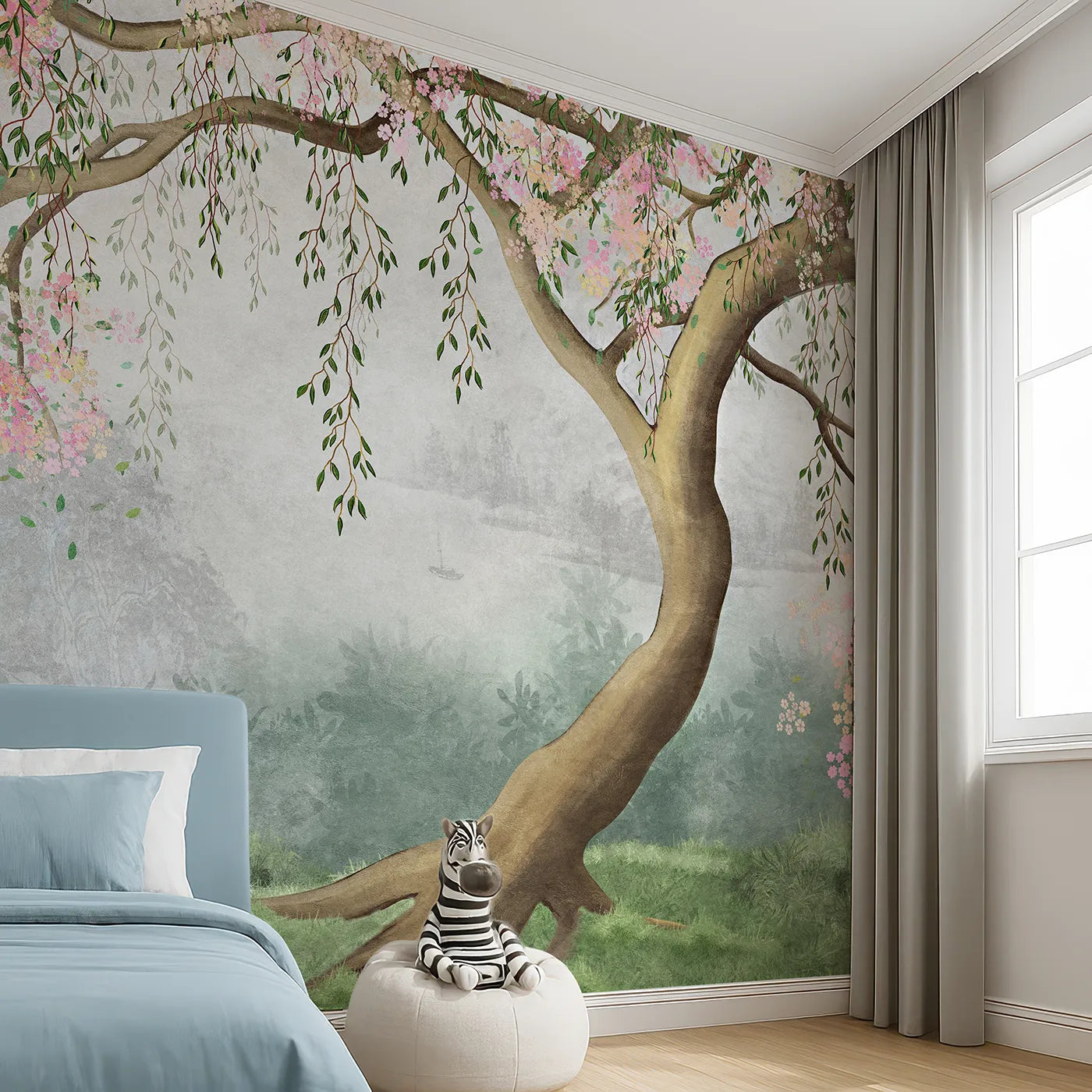 Angled view of Whimsy Tots' Misty Blossom Tree Wall Mural (Turn Their Room into a Serene and Painterly Landscape).Gender-Neutral