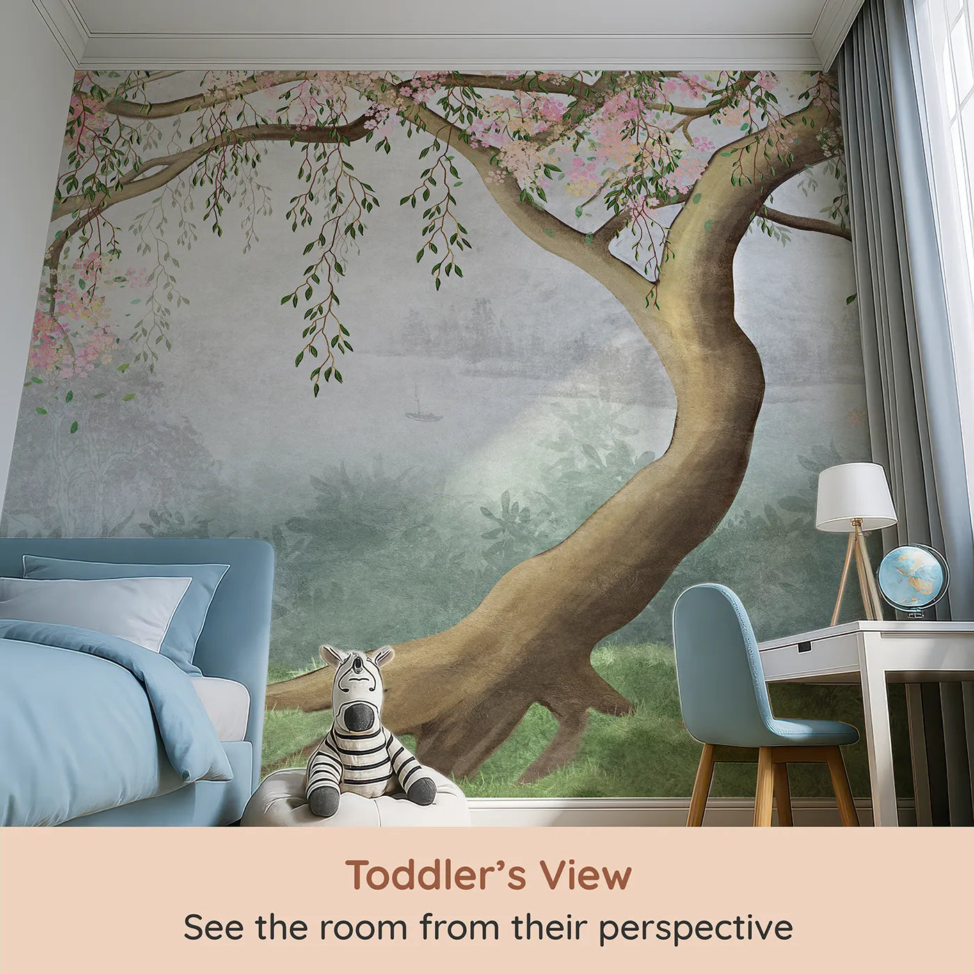 Whimsy Tots Misty Blossom Tree Wall Mural (Turn Their Room into a Serene and Painterly Landscape) from your child's view.Gender-Neutral