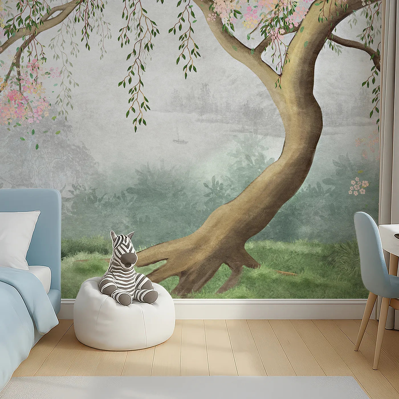 Top-down view of Whimsy Tots' Misty Blossom Tree Wall Mural (Turn Their Room into a Serene and Painterly Landscape).Gender-Neutral