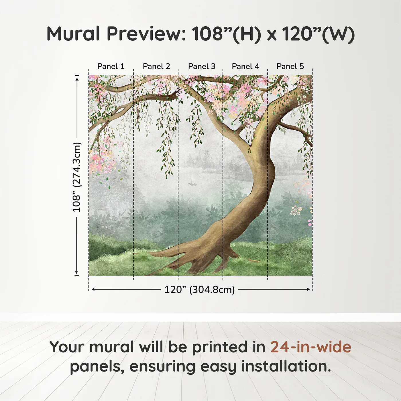 Whimsy Tots Misty Blossom Tree Wall Muraldimension view (108" H x 120" W). Printed in five 24-inch-wide panels. Gender-Neutral