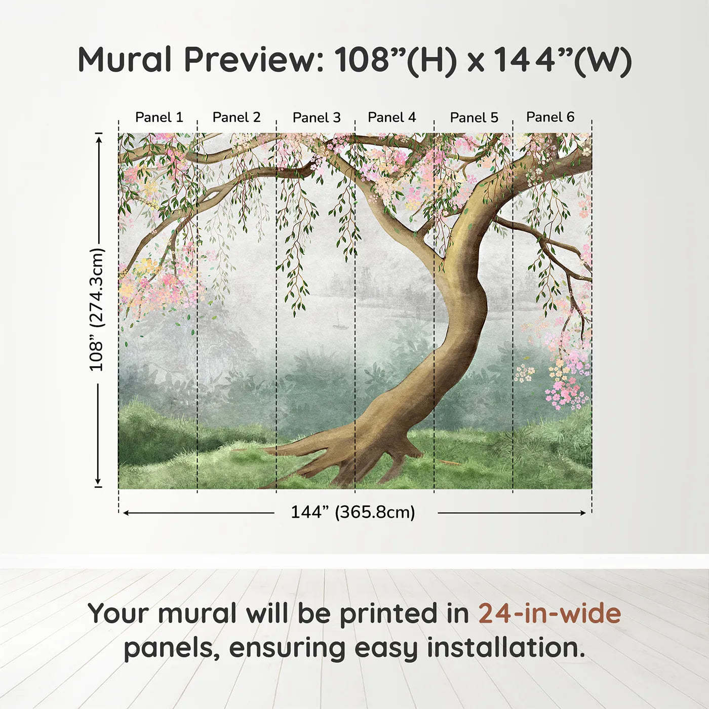 Whimsy Tots Misty Blossom Tree Wall Muraldimension view (108" H x 144" W). Printed in six 24-inch-wide panels. Gender-Neutral