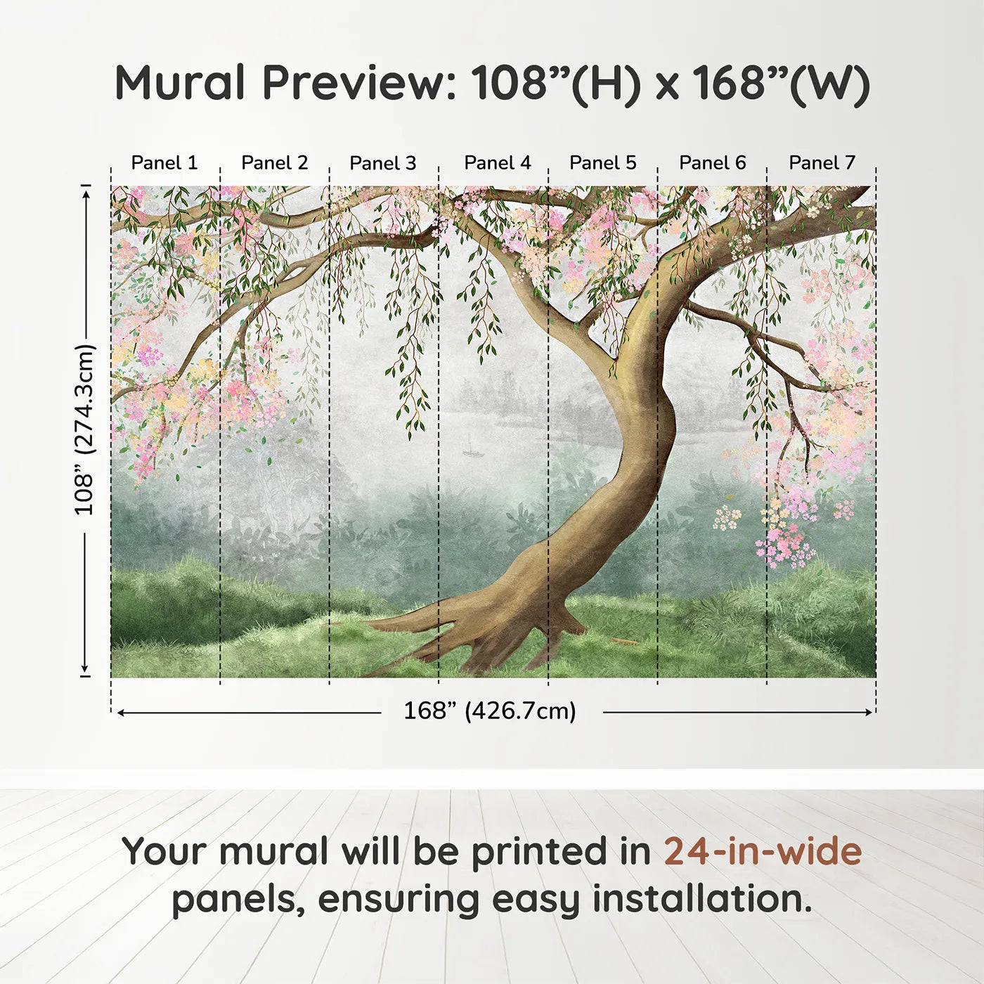 Whimsy Tots Misty Blossom Tree Wall Muraldimension view (108" H x 168" W). Printed in seven 24-inch-wide panels. Gender-Neutral
